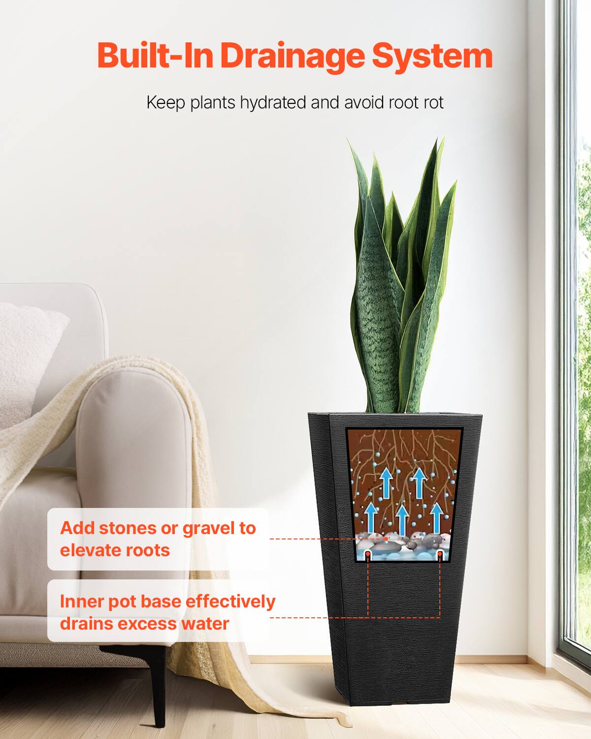 Built-In Drainage System  
Keep plants hydrated and avoid root rot  

Add stones or gravel to elevate roots  

Inner pot base effectively drains excess water