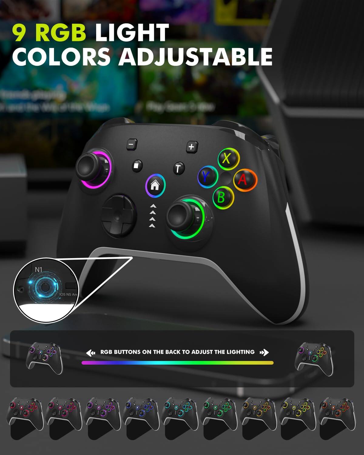9 RGB Light Colors Adjustable

RGB Buttons on the Back to Adjust the Lighting