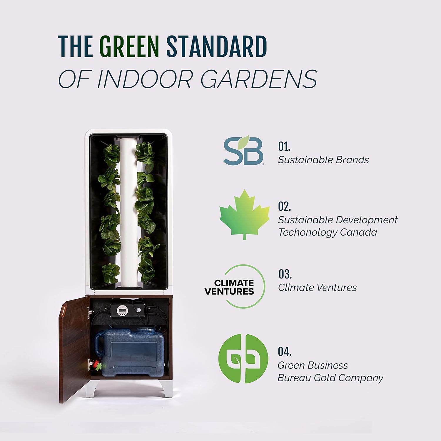 THE GREEN STANDARD OF INDOOR GARDENS

01. Sustainable Brands  
02. Sustainable Development Technology Canada  
03. Climate Ventures  
04. Green Business Bureau Gold Company