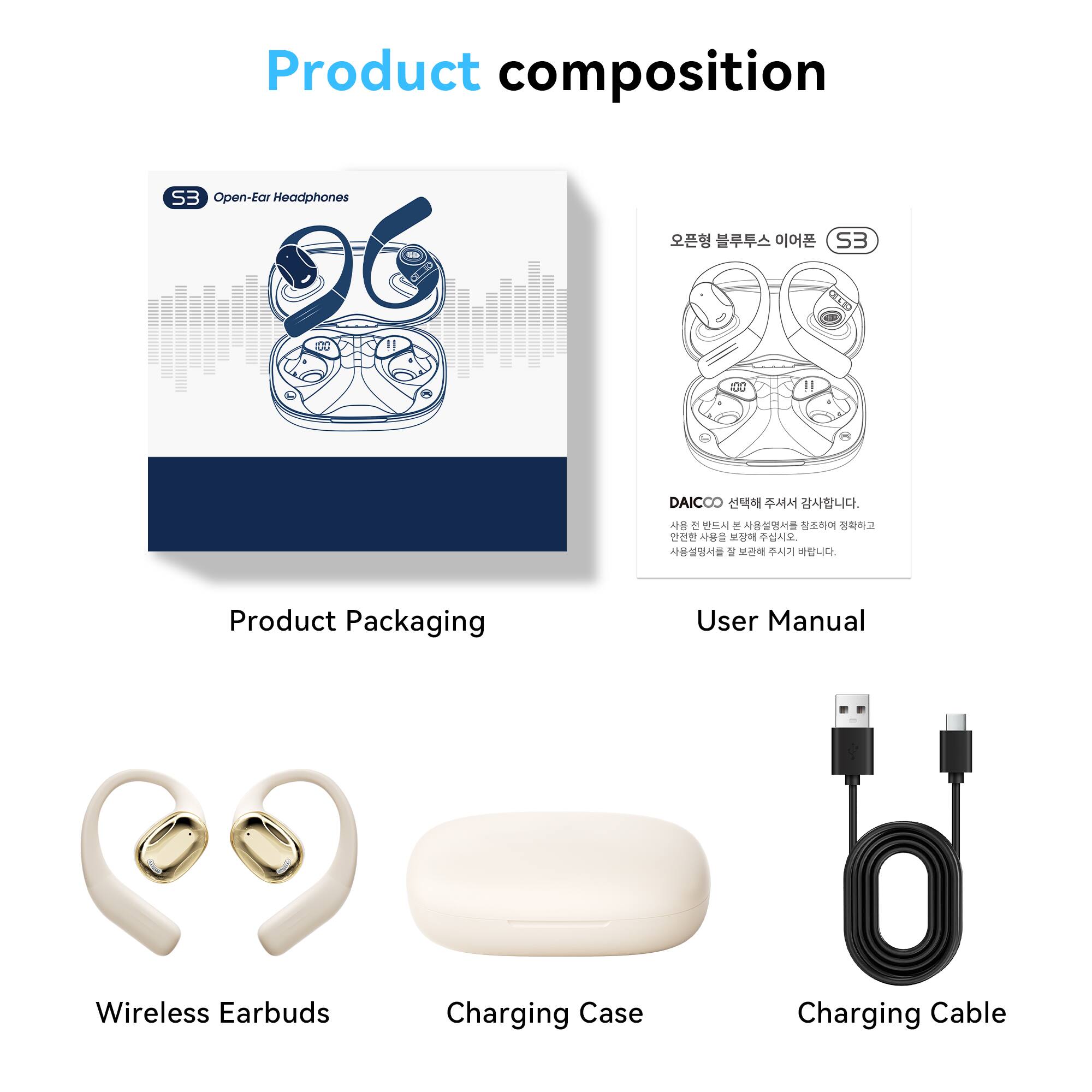 Product composition

S3 Open-Ear Headphones

Product Packaging

User Manual

Wireless Earbuds

Charging Case

Charging Cable