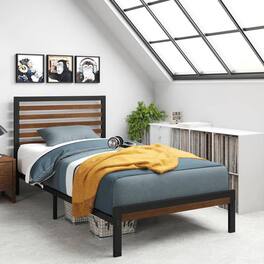 Hivvago - Twin Student Dorm Metal Platform Bed Frame with Brown Wood Slat Headboard - Black