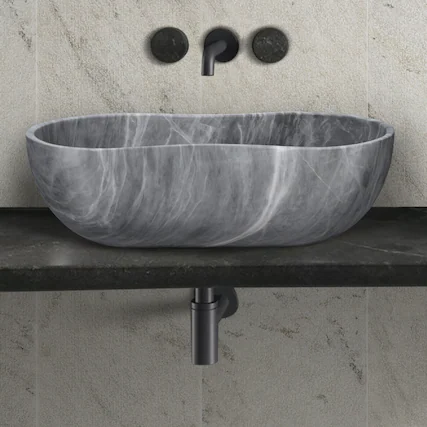 Front. ELEMENT ACE - Natural Gray Marble Bathroom Vessel Sink with Semi-Polished Surface and Wavy Silhouette Design - Gray.