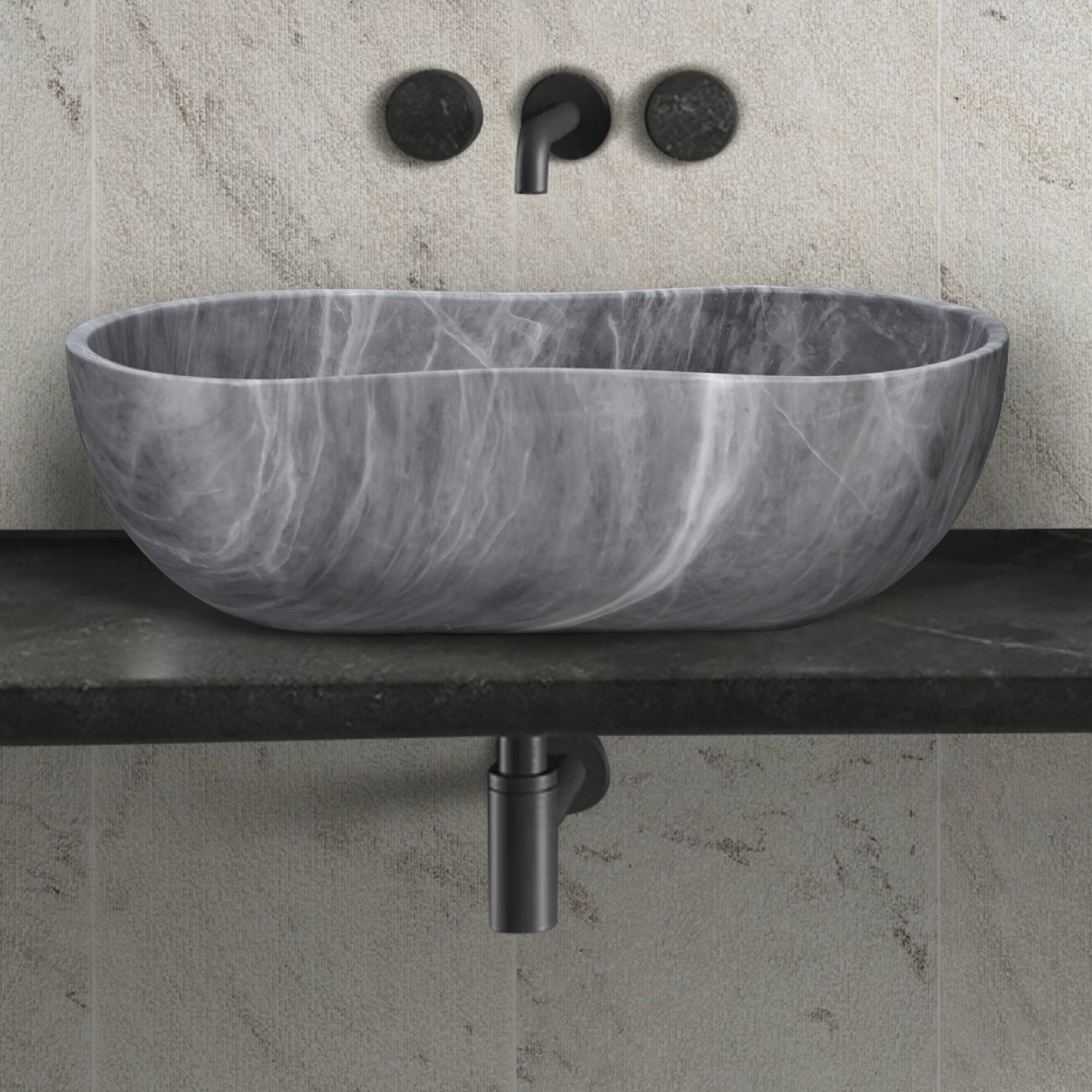 Front. ELEMENT ACE - Natural Gray Marble Bathroom Vessel Sink with Semi-Polished Surface and Wavy Silhouette Design - Gray.