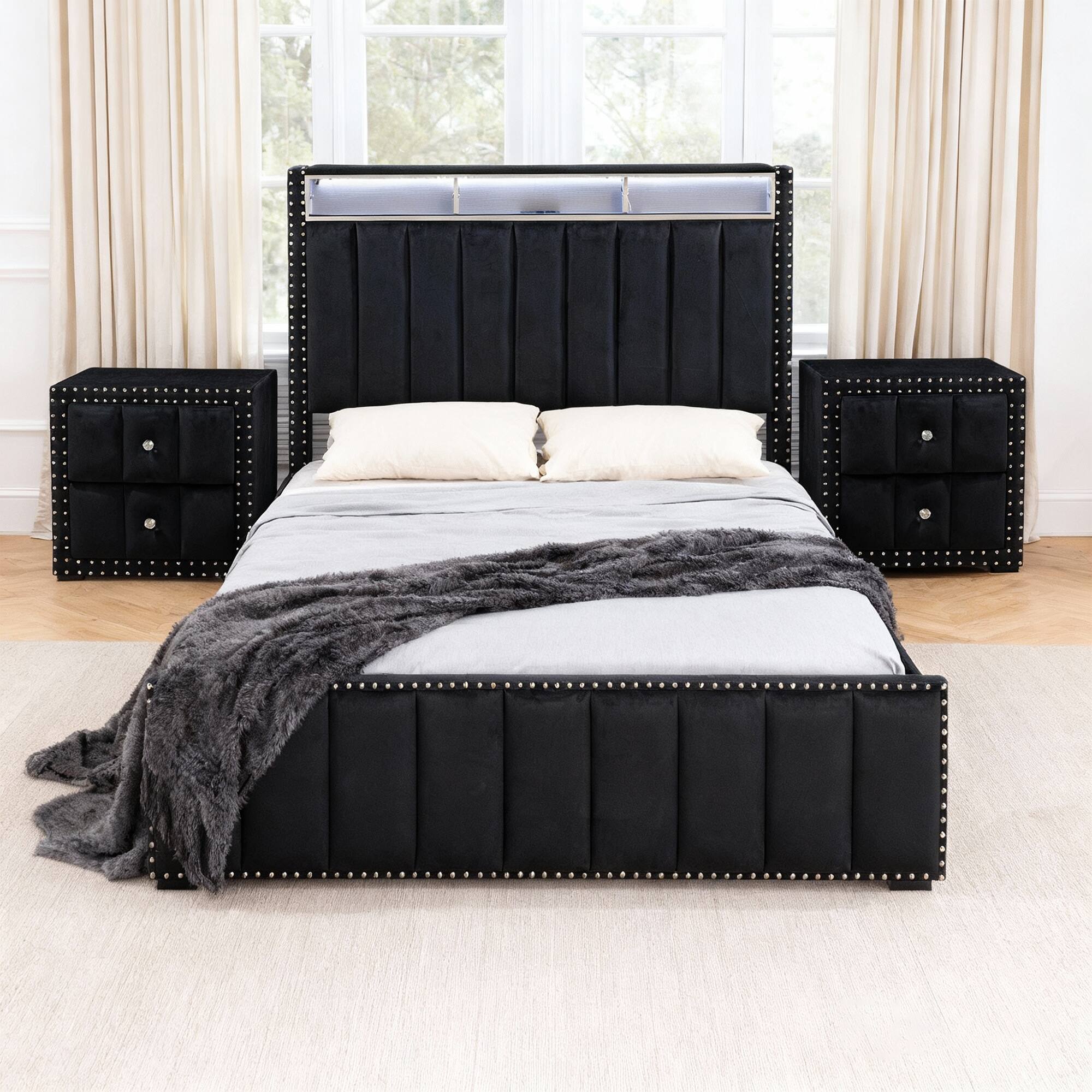 Angle. Parrot Uncle - Contemporary Velvet Platform Bed With LED Lights and Nailhead Trim - Black.