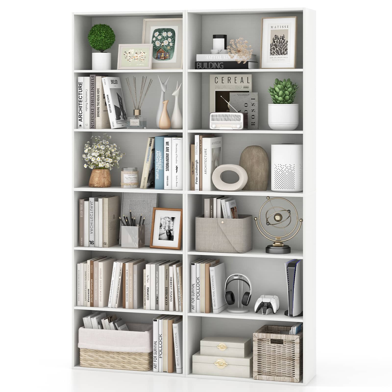 Gymax - 6-Tier Bookshelf 70'' Tall Wooden Freestanding Storage Organizer w/ Open Shelves - White