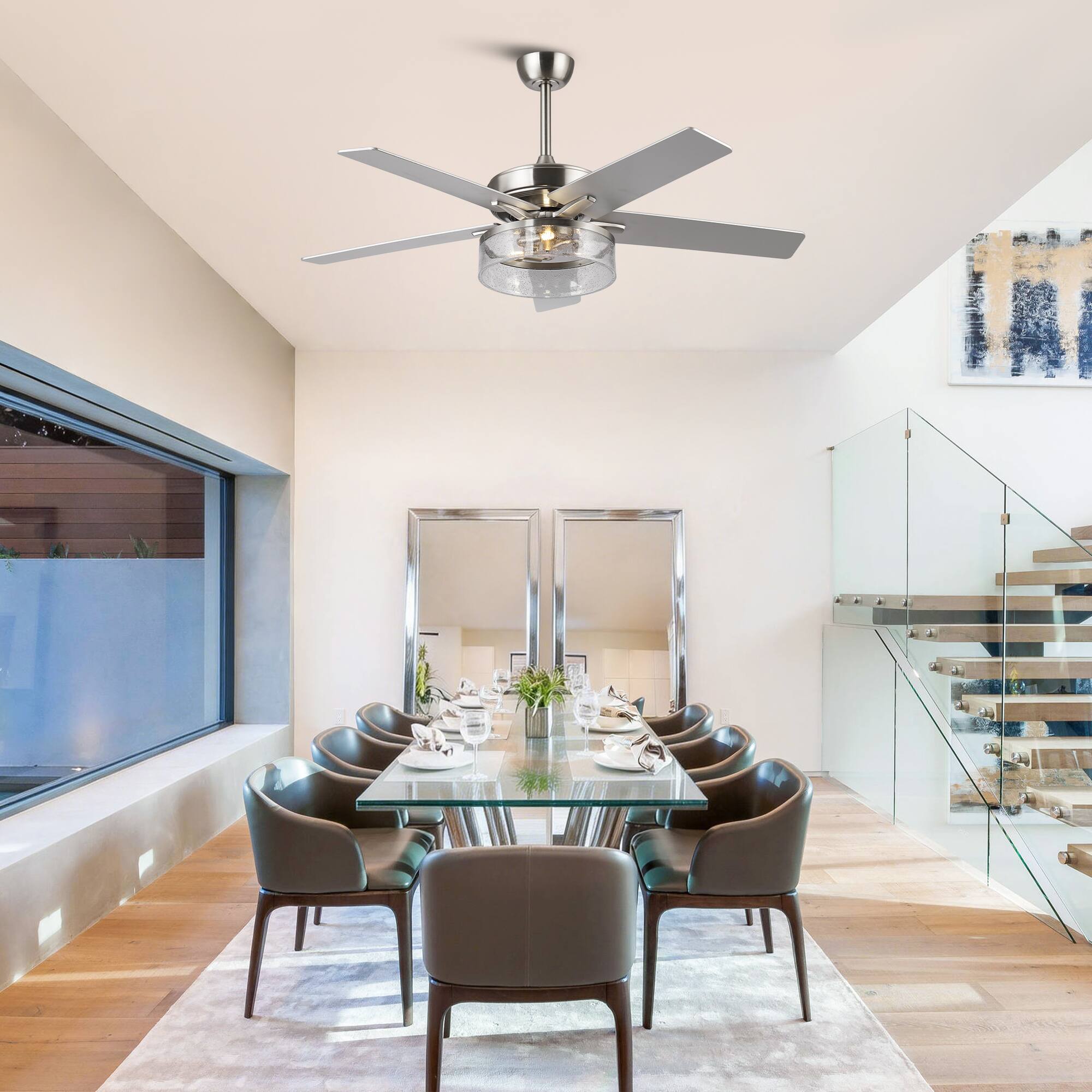 Left. Parrot Uncle - 52-inch Modern Satin Nickel Bubble Shade Ceiling Fan with Light and Reversible Blades - Sand Nickel.