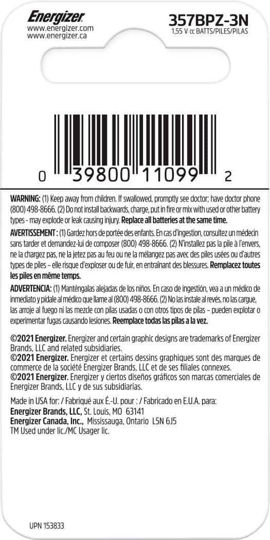 Alt View 1. Energizer - 357/303 Batteries (3 Pack), Button Cell Batteries - Silver.