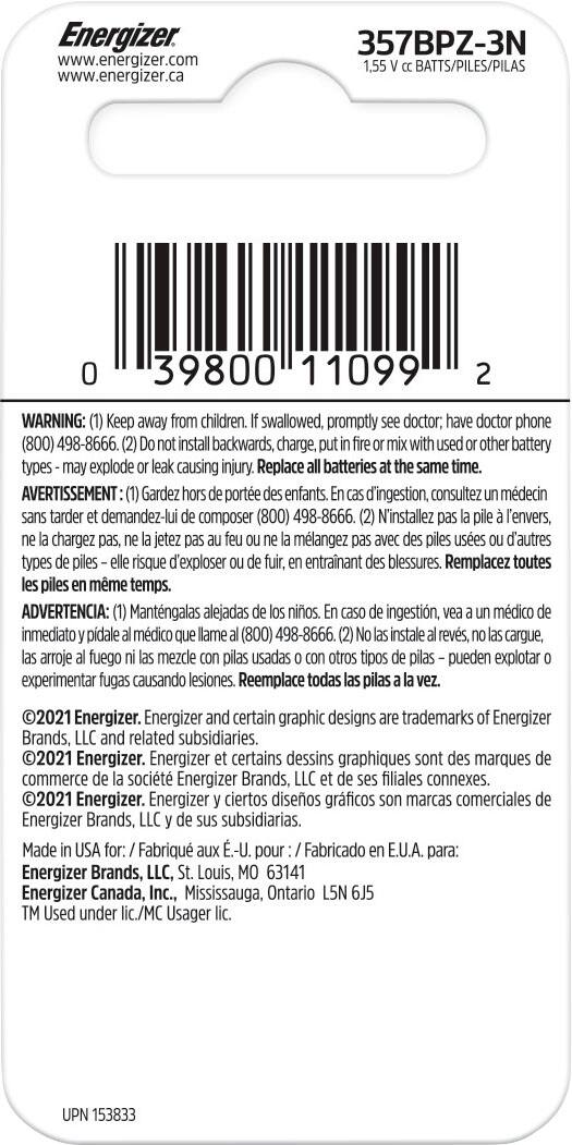 Alt View 1. Energizer - 357/303 Batteries (3 Pack), Button Cell Batteries - Silver.