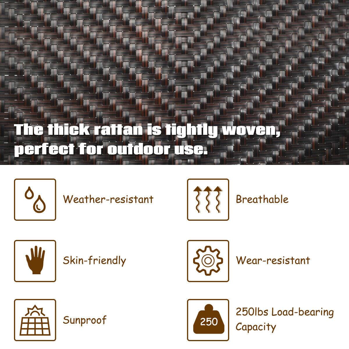 The thick rattan is tightly woven, perfect for outdoor use:

- Weather-resistant
- Breathable
- Skin-friendly
- Wear-resistant
- Sunproof
- 250lbs Load-bearing Capacity
