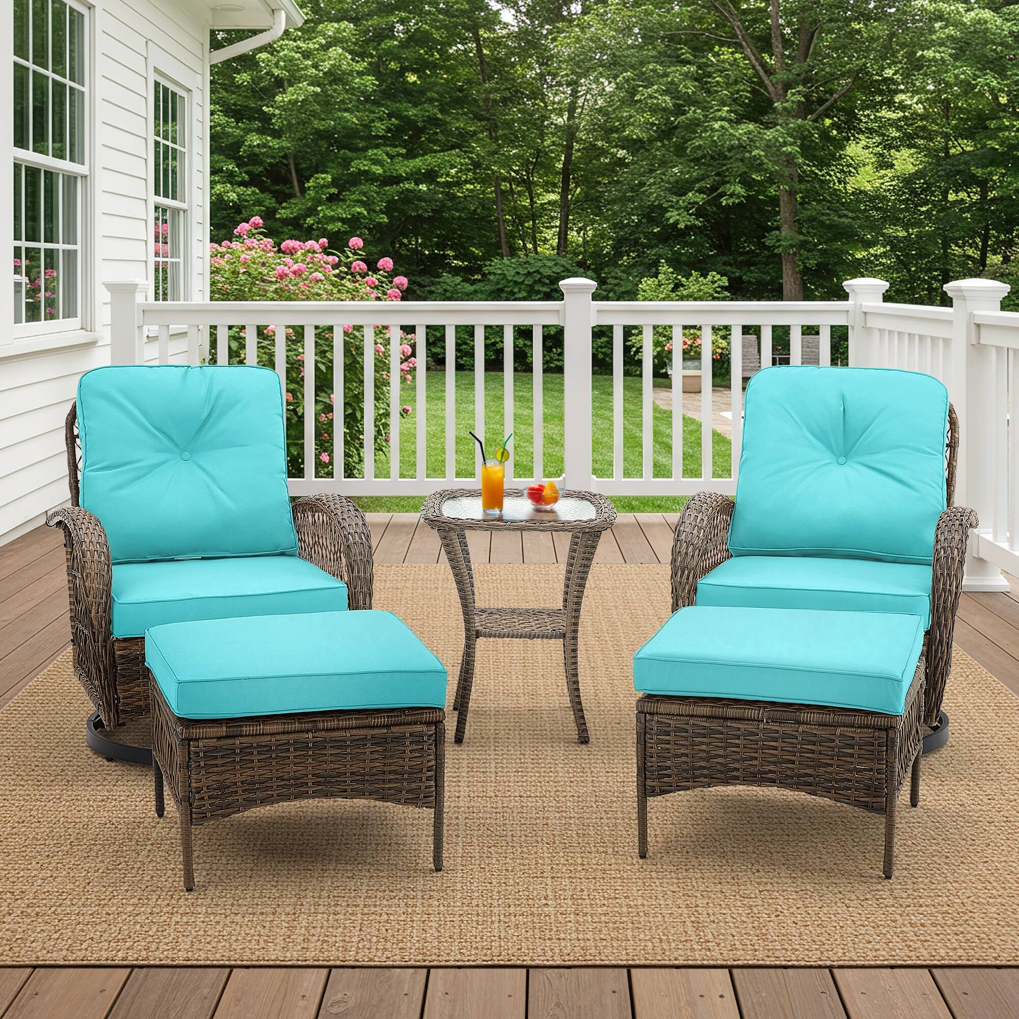 Left. U-HOMY - 360° Swivel Rocking Patio Chairs with Cushions & Tempered Glass Table, Wicker Conversation Set, 5-Piece - Blue.