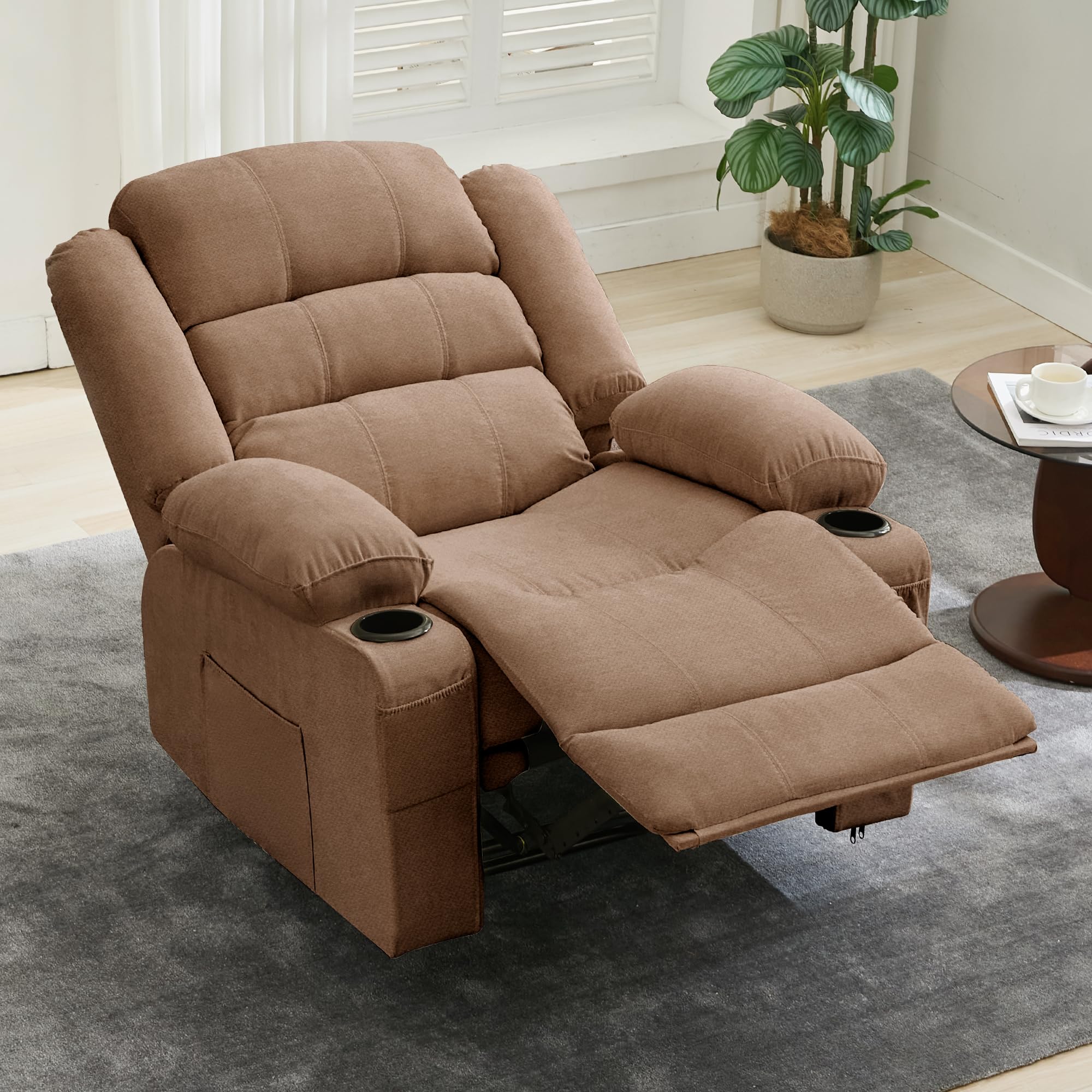 Alt View 6. Jojoka - 37.4" Wide Oversize Manual Recliner Chair, Breathable Fabric Recliner Rocker with 3 Angle Modes, Cup Holders - Brown.