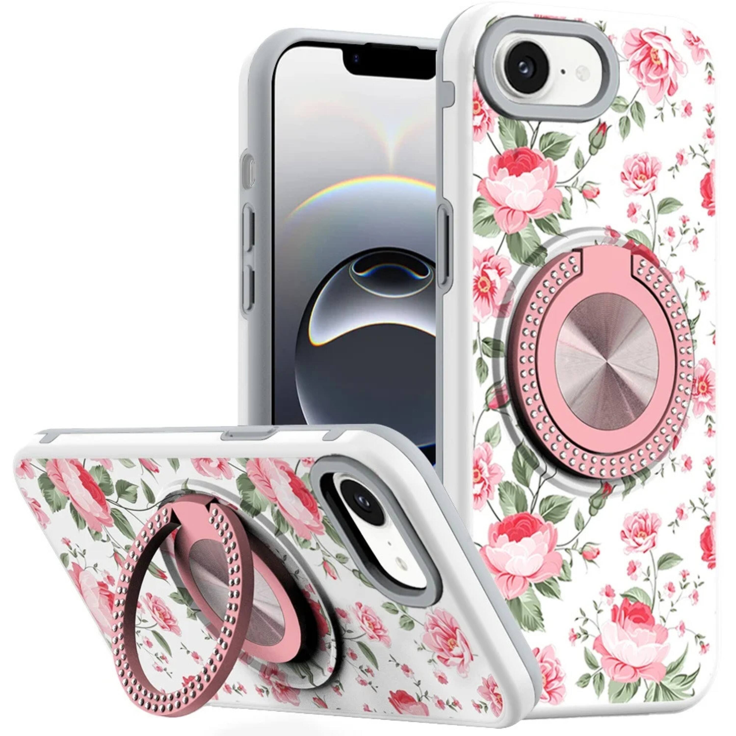 Front. Kitcheniva - Printed Bling 360 Rotating Ring Stand Phone Case With Tempered Glass For iPhone 16e 17e Flower Red - White.