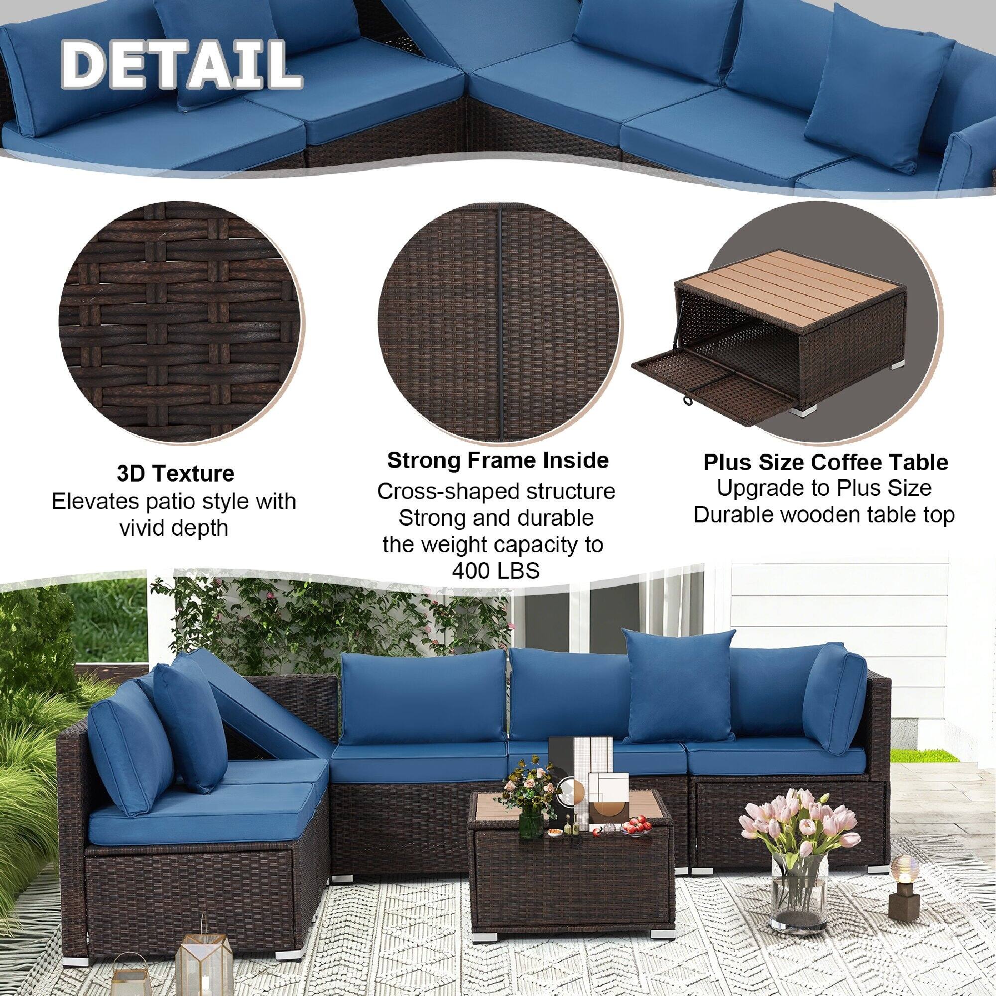 DETAIL

3D Texture  
Elevates patio style with vivid depth

Strong Frame Inside  
Cross-shaped structure  
Strong and durable  
Weight capacity to 400 LBS

Plus Size Coffee Table  
Upgrade to Plus Size  
Durable wooden table top