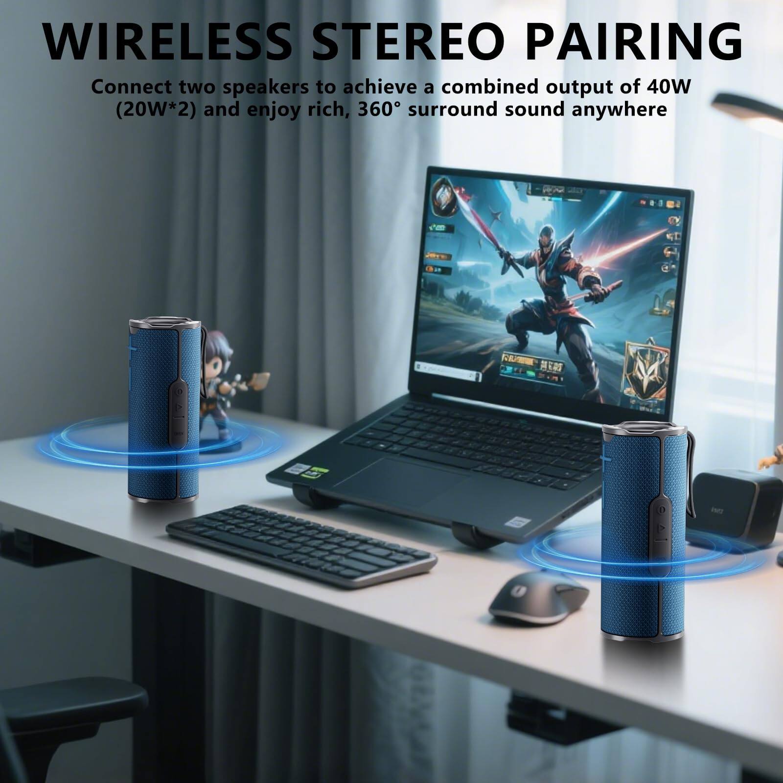 **WIRELESS STEREO PAIRING**

Connect two speakers to achieve a combined output of 40W (20W*2) and enjoy rich, 360° surround sound anywhere.