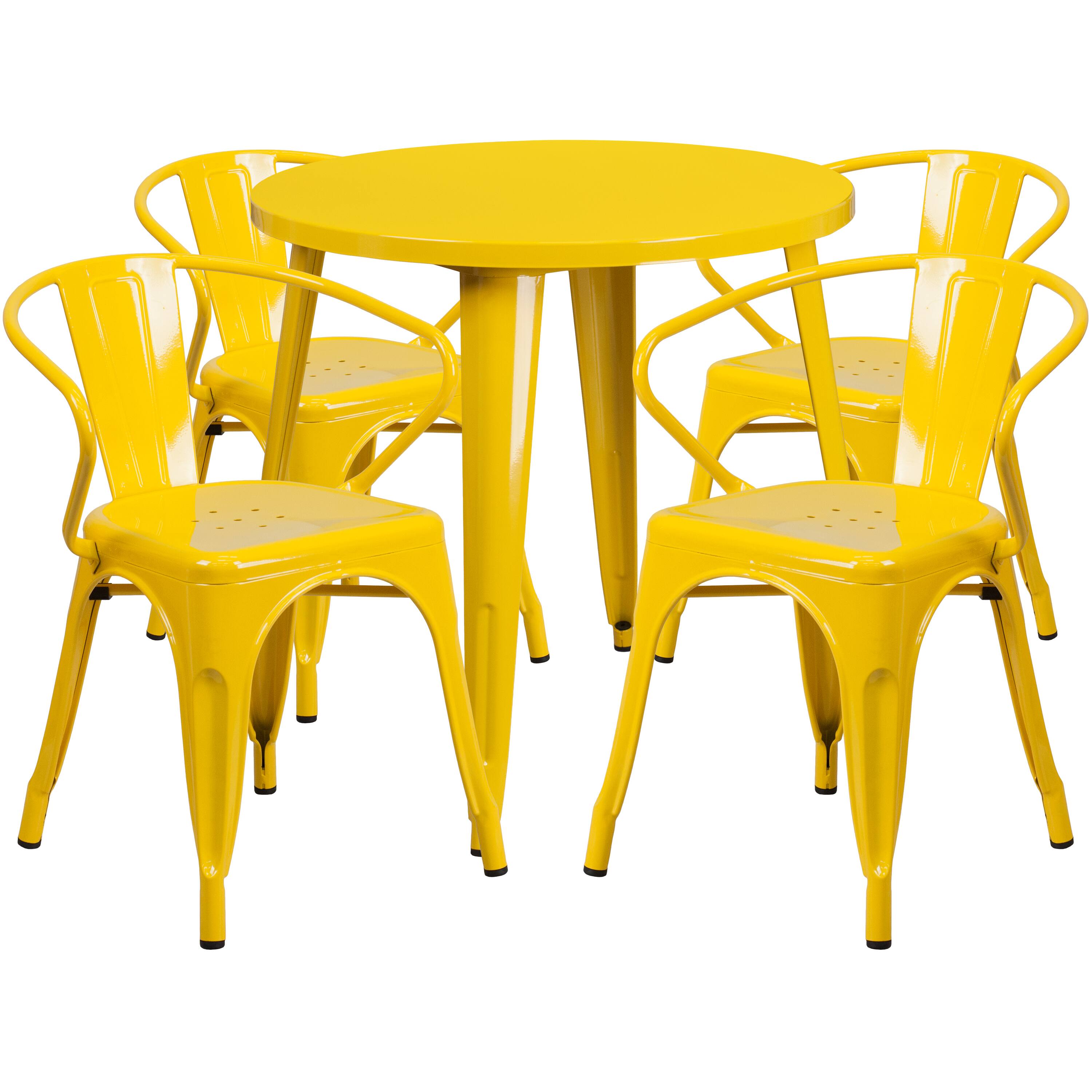 Alt View 1. Emma + Oliver - Commercial Grade 30" Round Metal Indoor-Outdoor Table Set with 4 Arm Chairs - Yellow.