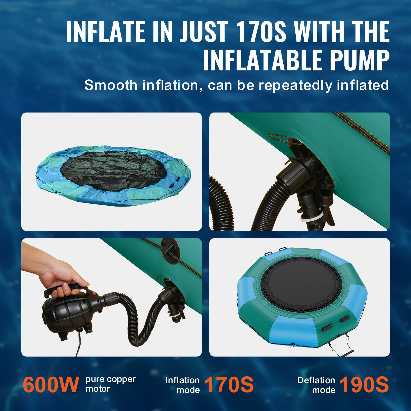 INFLATE IN JUST 170S WITH THE INFLATABLE PUMP. Smooth inflation, can be repeatedly inflated. Pure copper 600W motor. Inflation mode: 170S. Deflation mode: 190S.
