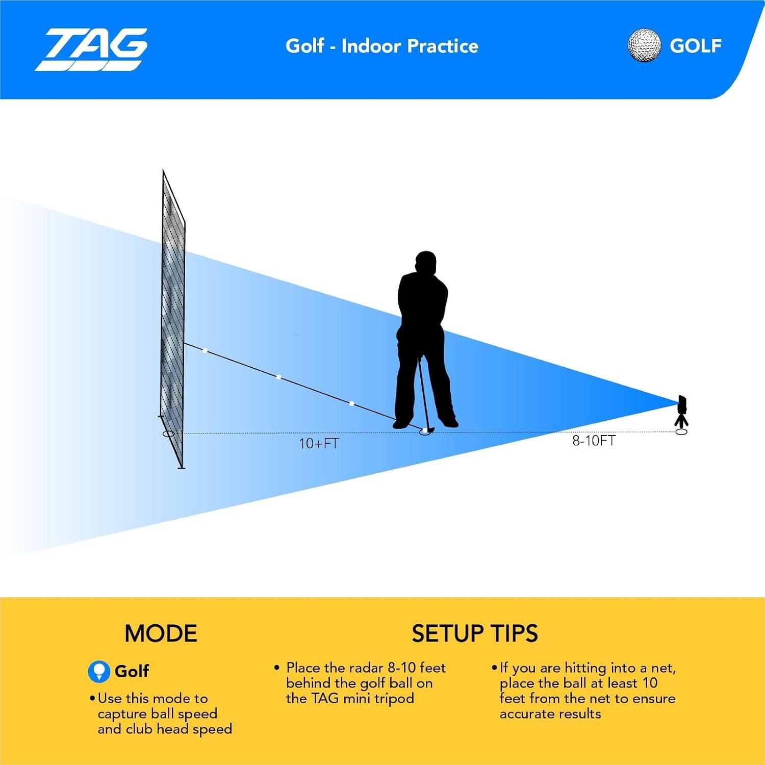 TAG  
Golf Indoor Practice  
GOLF  

10+FT  
8-10FT  

MODE  
Golf  
- Use this mode to capture ball speed and club head speed  

SETUP TIPS  
- Place the radar 8-10 feet behind the golf ball on the TAG mini tripod  
- If you are hitting into a net, place the ball at least 10 feet from the net to ensure accurate results