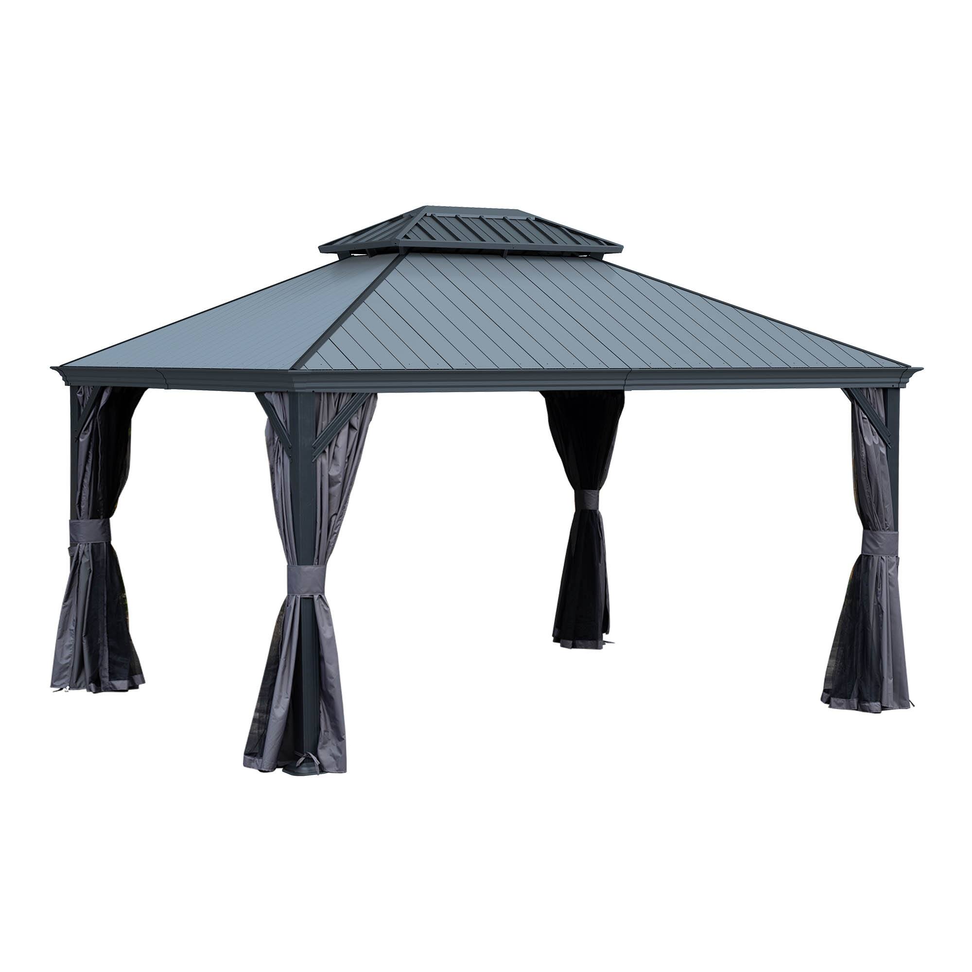 Angle. Mondawe - 12x14 Metal Gazebo With Resin Roof ,Curtains and Mosquito Netting Included - Dark Gray.