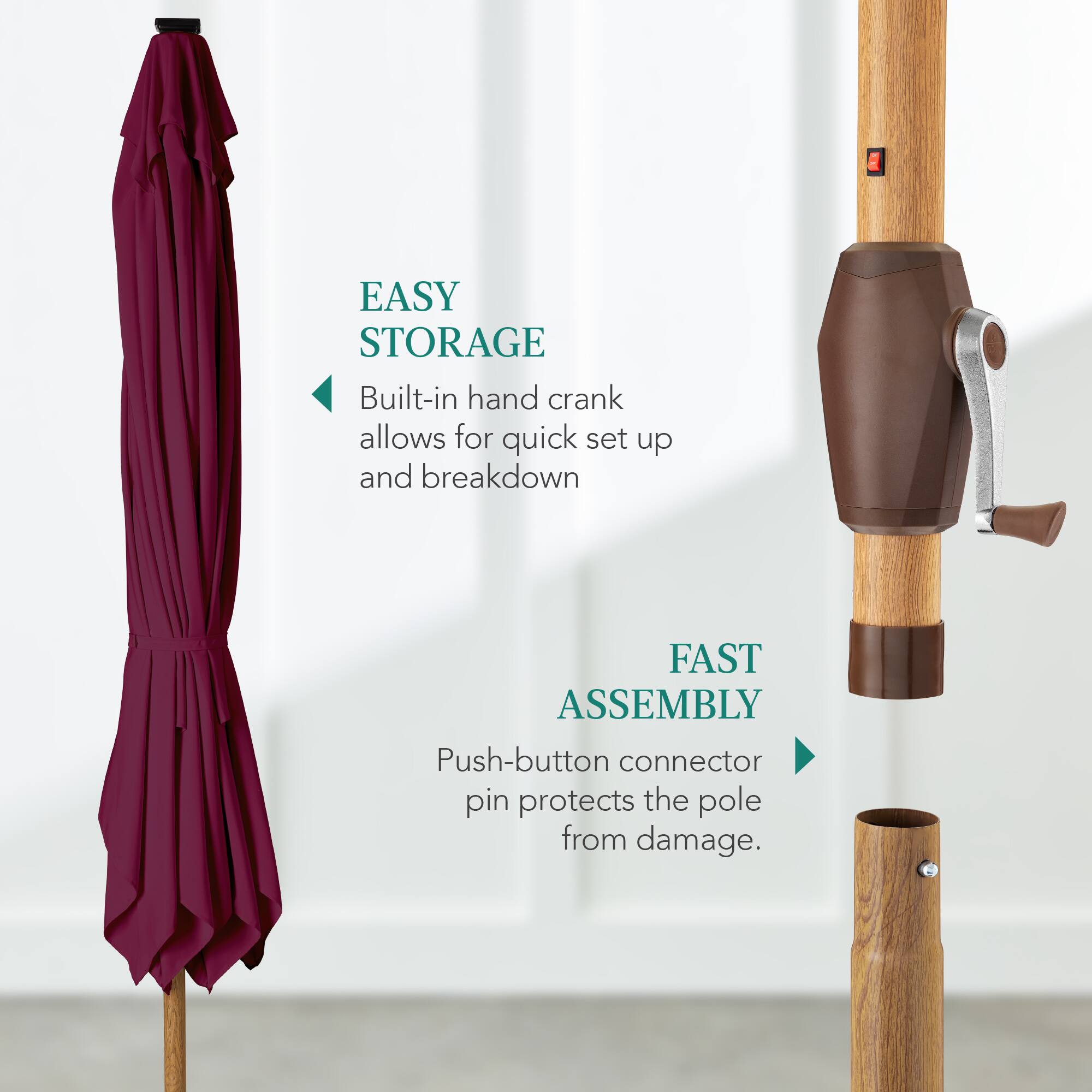 EASY STORAGE: Built-in hand crank allows for quick set up and breakdown. FAST ASSEMBLY: Push-button connector pin protects the pole from damage.