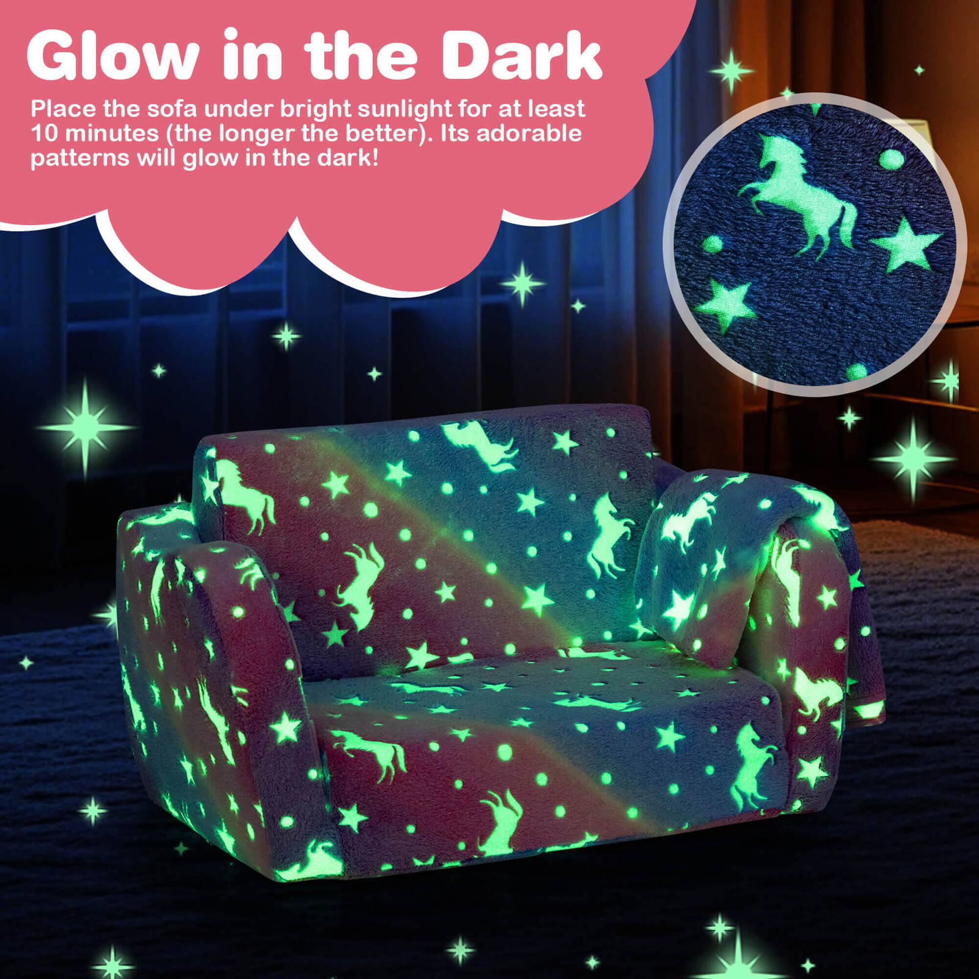 Glow in the Dark

Place the sofa under bright sunlight for at least 10 minutes (the longer the better). Its adorable patterns will glow in the dark!