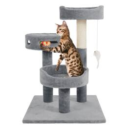 PetMaker - Cat Tree 3-Tier Tall Cat Tower Condo with 2 Napping Perches, Sisal Rope Scratching Post, Hanging Mouse and Wheel Toy - Gray