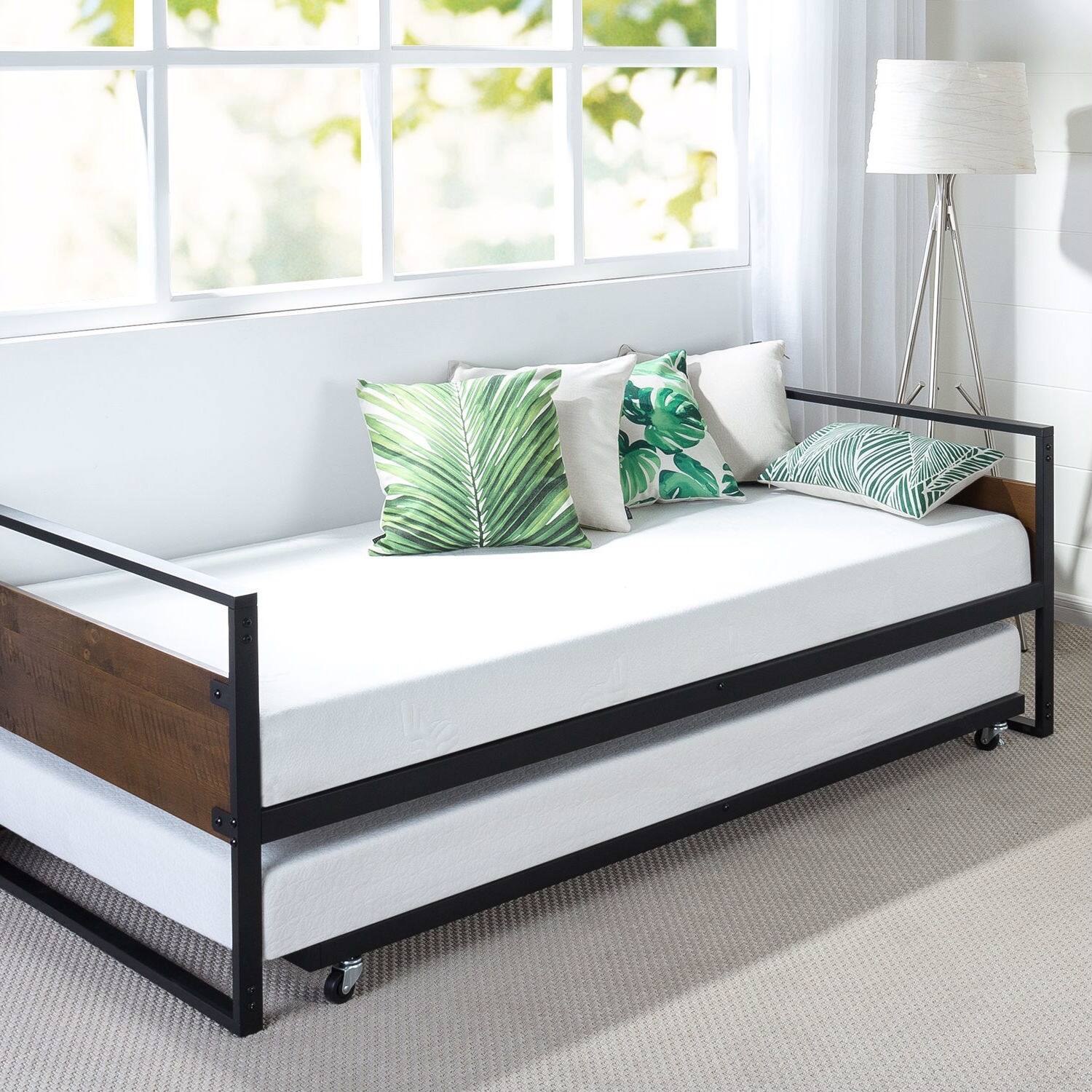 Left. Hivvago - Twin size Metal Wood Daybed Frame with Roll Out Trundle Bed - Black, Brown.