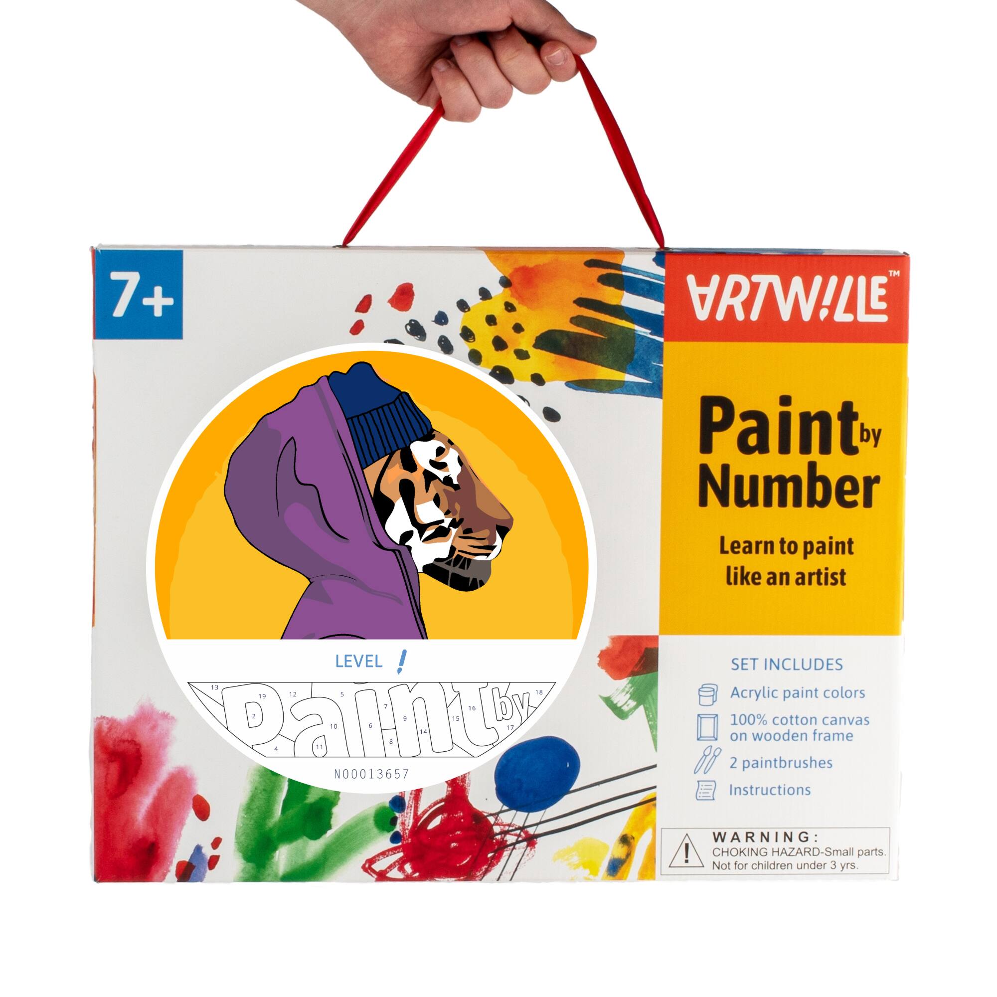 7+ + TM Paint by Number Learn to paint like an artist LEVEL ! Palnu N00013657 SET INCLUDES Acrylic paint colors 100% cotton canvas on wooden frame 2 paintbrushes Instructions WARNING: CHOKING HAZARD-Small parts. Not for children under 3 yrs.