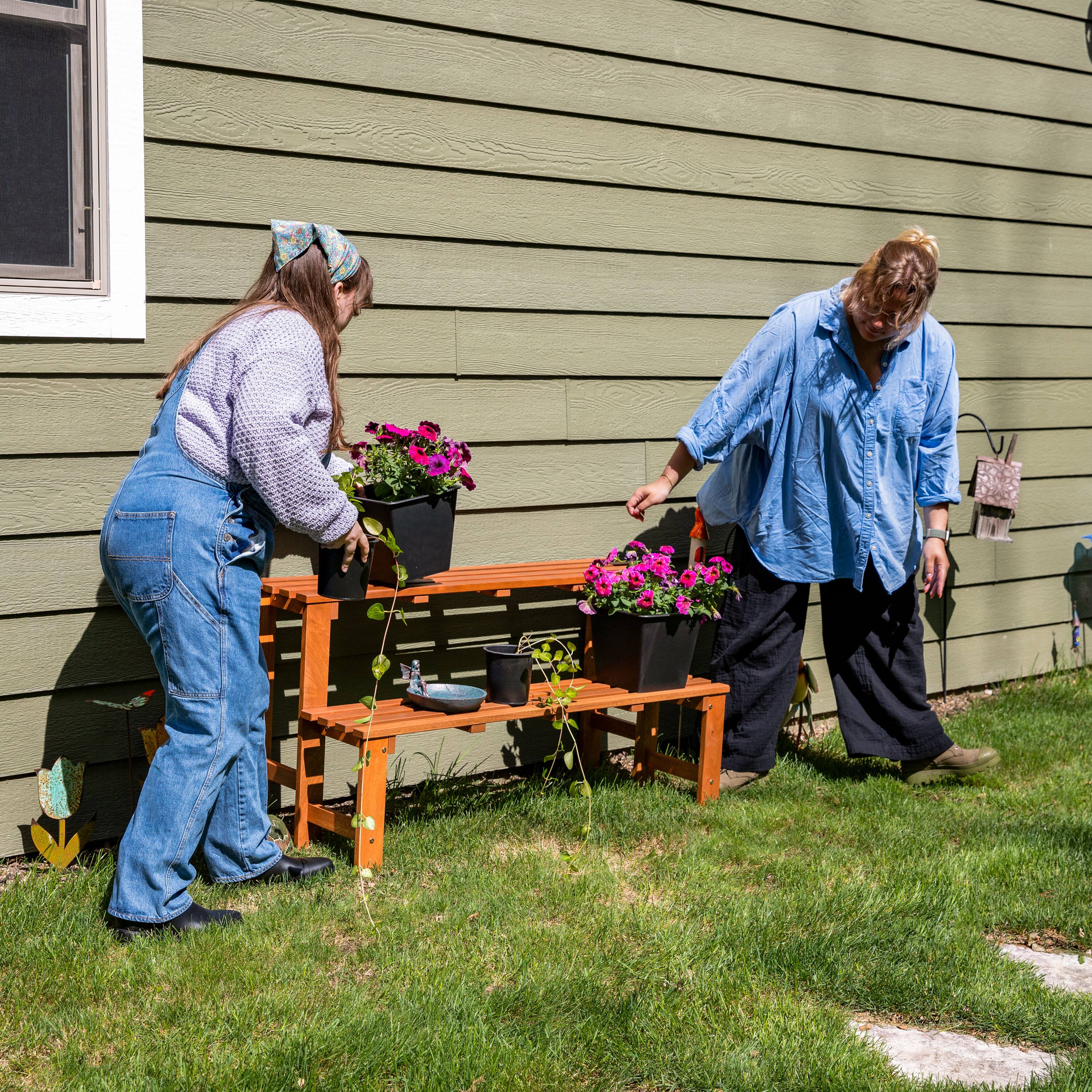 Alt View 5. Sunnydaze - 2-Tier Meranti Wood Plant Stand with Teak Oil Finish - 24 in - Brown.