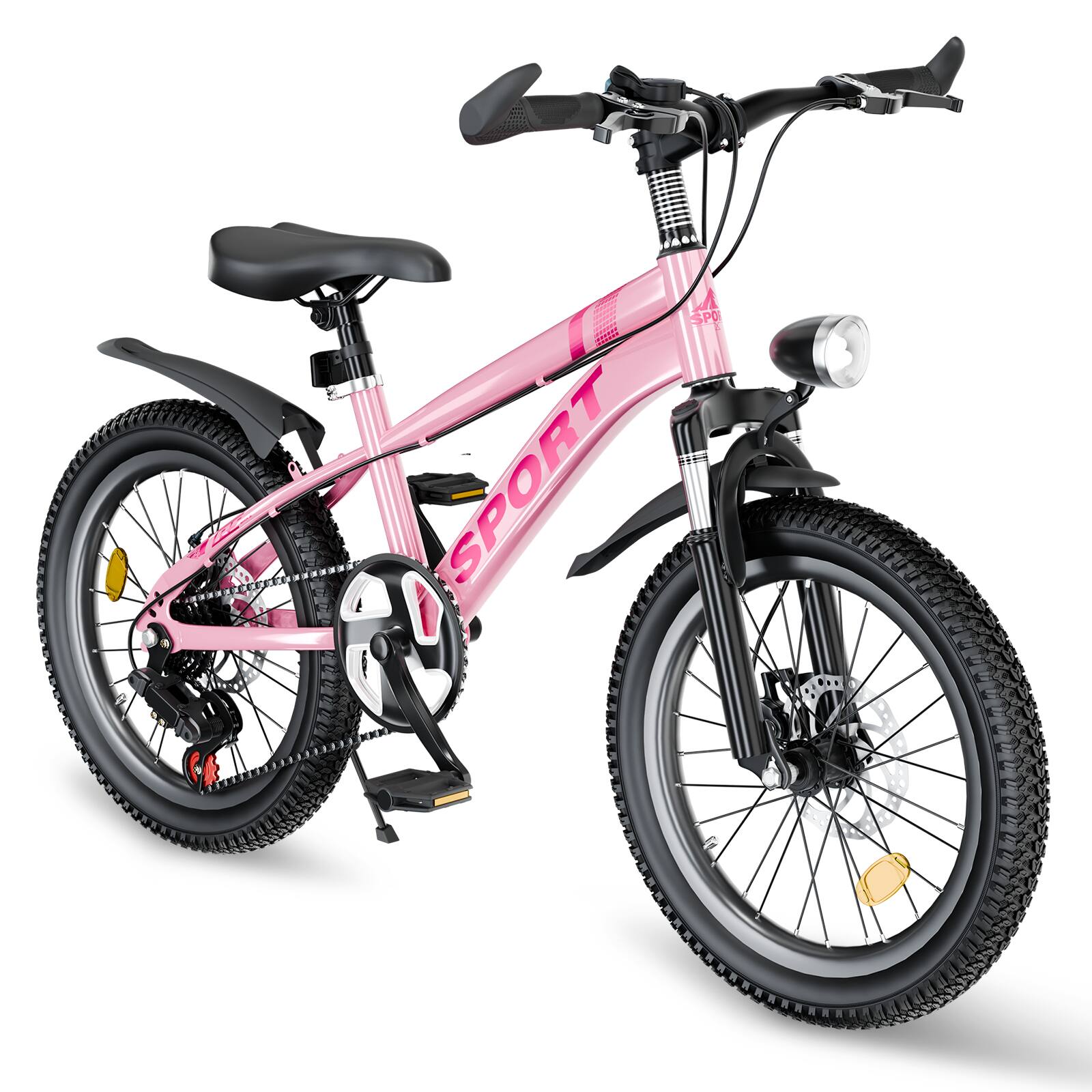 APRILSOUL - FKZNPJ 24 Inch Kids Mountain Bike 7 Speed Dual Disc Brakes LED Light Silver - Pink