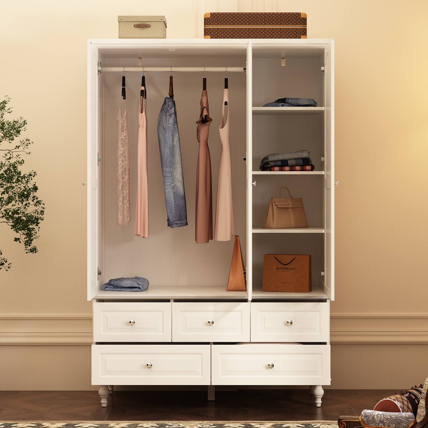 Alt View 2. FUFU & GAGA - French Style Wardrobe Closet Armoire with Mirror 3 Door Storage Cabinet with Hanging Rod Shelves and Drawers for Bedroom - White.