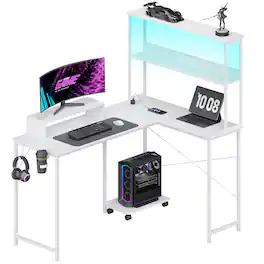 GTPlayer - 53'' Reversible L-Shaped Computer Gaming Desk with LED Lights, Power Outlets, and Hutch Storage - White