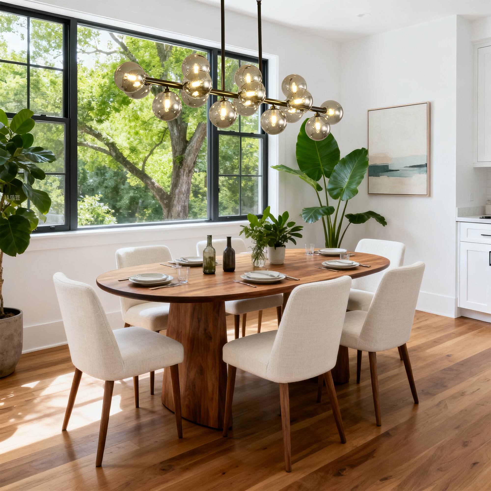 Angle. RYHNUYNE - 55 Inch Industrial Sputnik Chandelier 16-Light Linear Pendant Smoky Gray Glass Globes Adjustable for Kitchen Island.