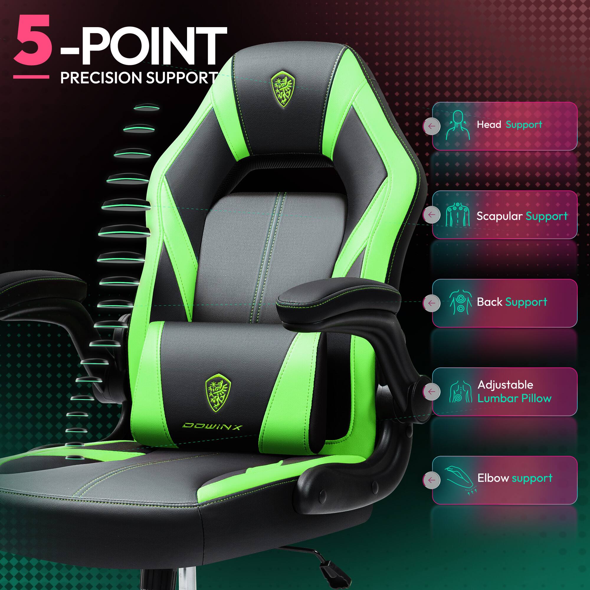 5-POINT PRECISION SUPPORT

- Head Support
- Scapular Support
- Back Support
- Adjustable Lumbar Pillow
- Elbow Support