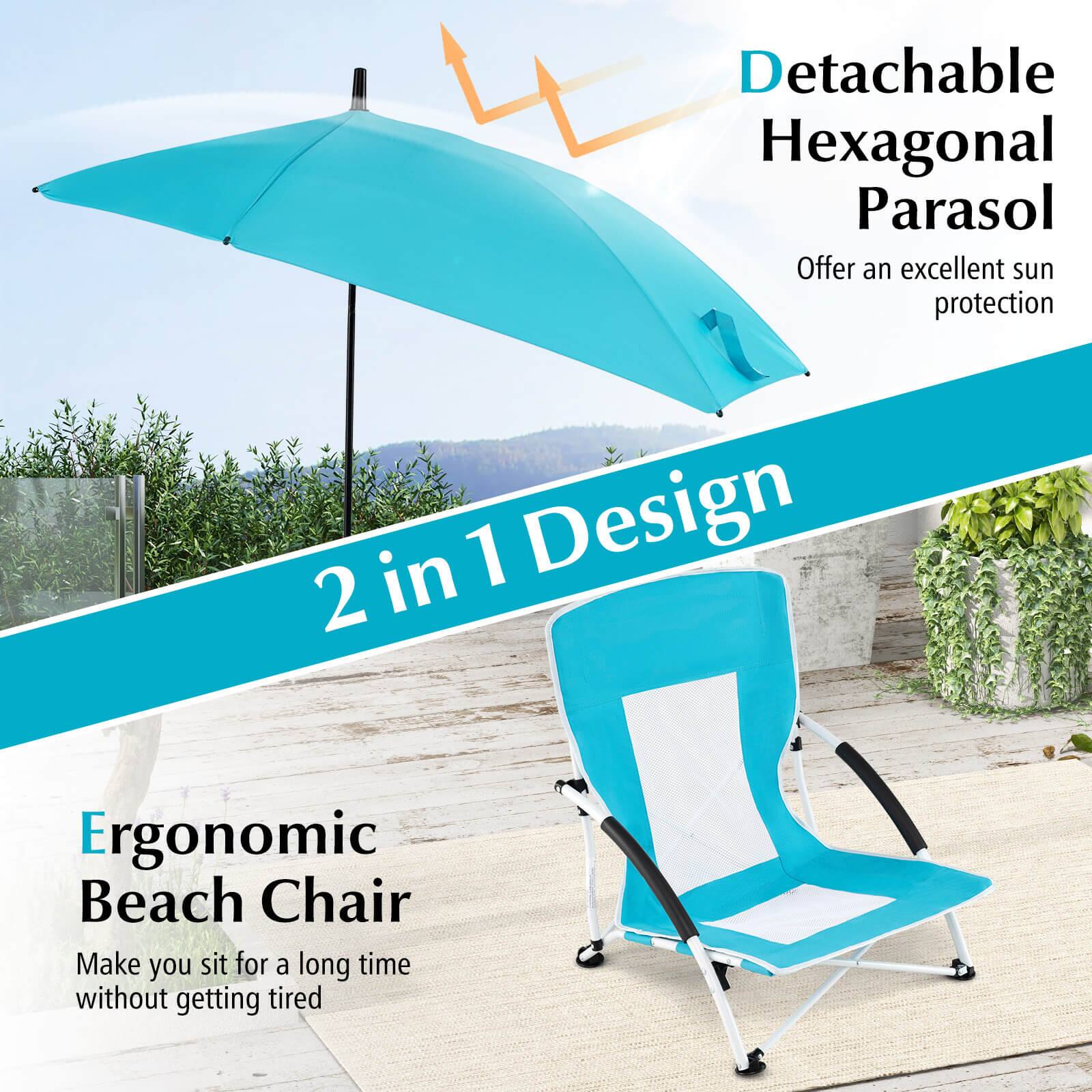 Detachable Hexagonal Parasol  
Offer an excellent sun protection  

2 in 1 Design  

Ergonomic Beach Chair  
Make you sit for a long time without getting tired