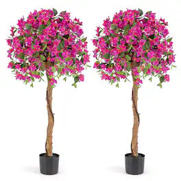 Gymax - 2PCS 53'' Artificial Azalea Tree Floral Plant w/ Red Azalea Flowers Nursery Pot - Red, Green