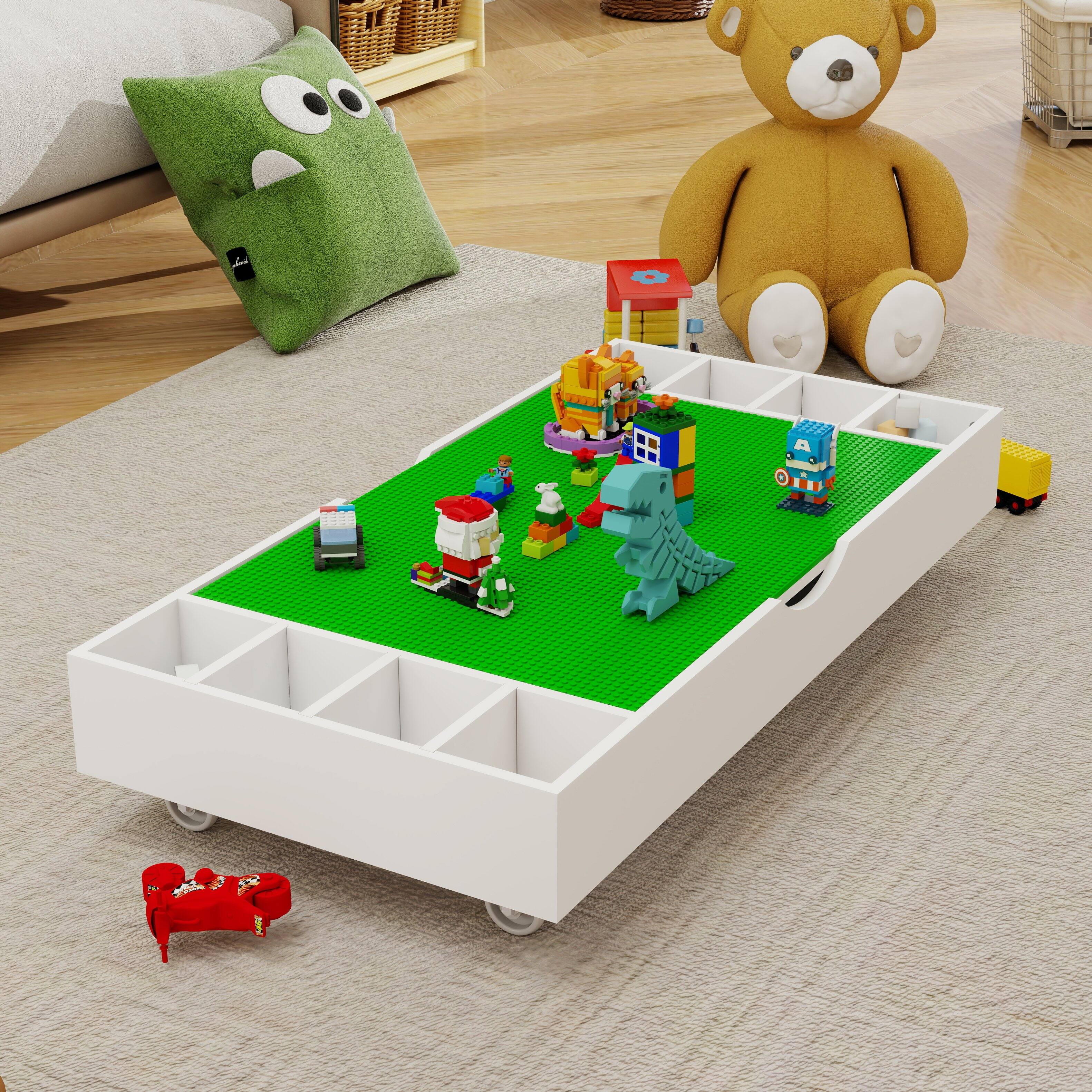Angle. GOODSILO - ​​2-in-1 Rollaway Play Table & Toy Organizer - Under Bed/Sofa Storage, LEGO Compatible​​ - White+Green.