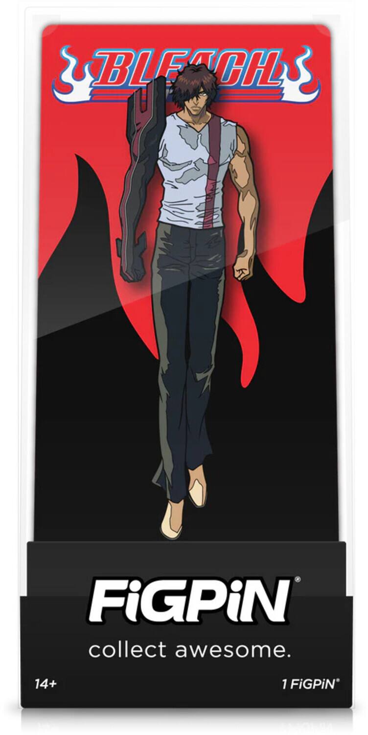 The corrected text is: "BLEACH FiGPiN collect awesome. 14+ 1 FiGPiN."