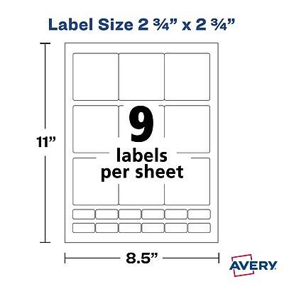 Label Size: 2 3/4" x 2 3/4"  
11" x 8.5"  
9 labels per sheet  
AVERY