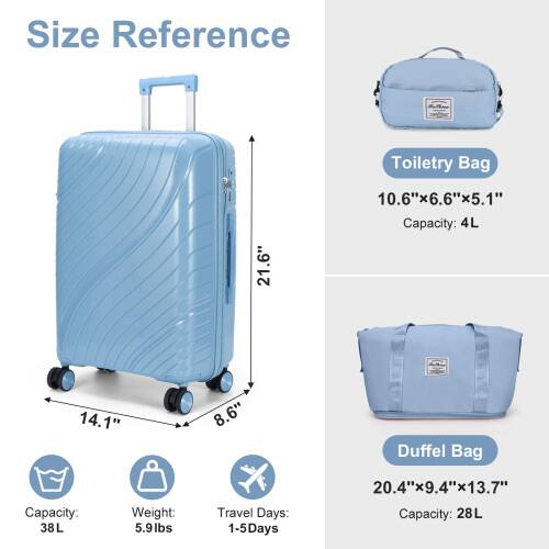 Size Reference

Toilet Bag  
10.6" x 6.6" x 5.1"  
Capacity: 4L

Duffel Bag  
20.4" x 9.4" x 13.7"  
Capacity: 28L

Travel Days: 1-5 Days  
Weight: 5.9lbs  
Capacity: 38L