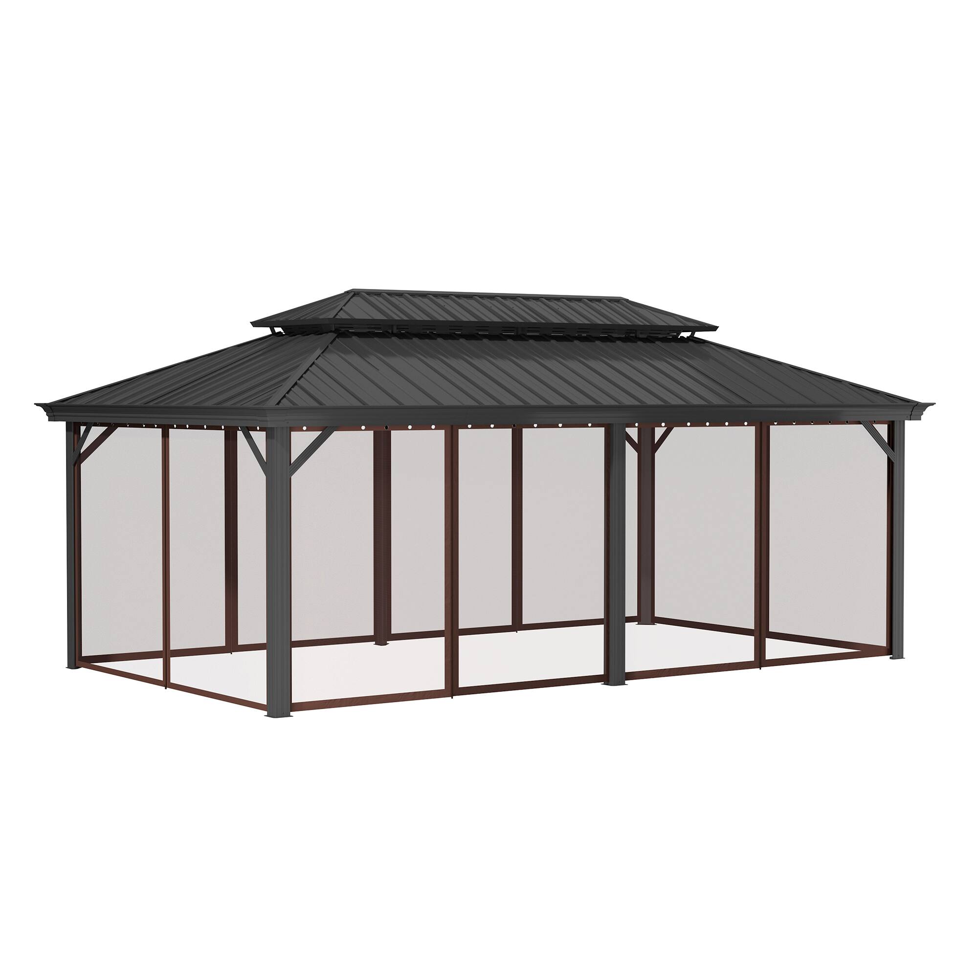 Alt View 1. Mondawe - 12x20Ft Hardtop Gazebo with Iron Double Roof Aluminum Frame and Nettings - Black+Brown.
