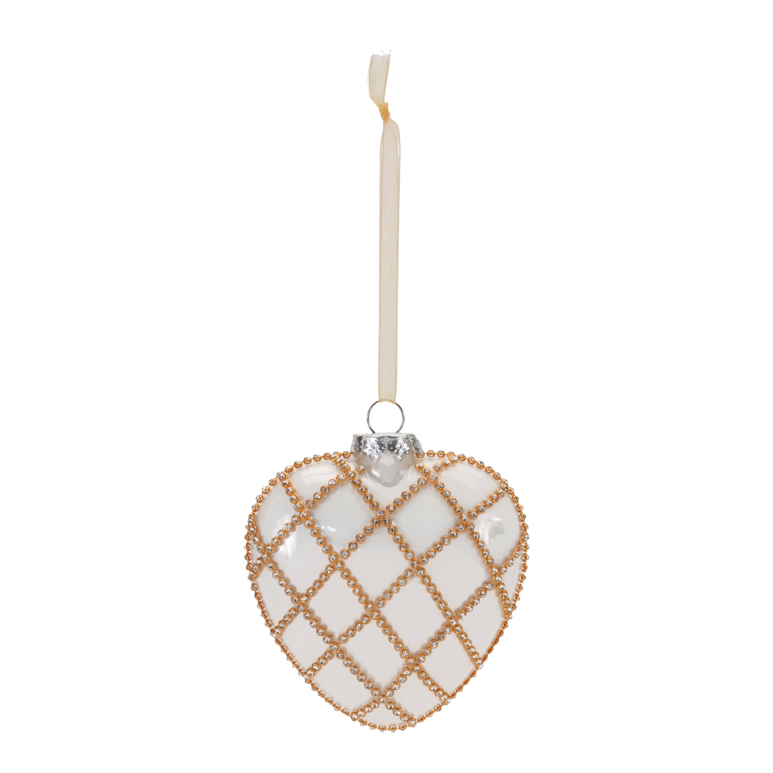 Angle. BreeBe - Jeweled Glass Heart Ornament (Set of 12) - White, Gold.