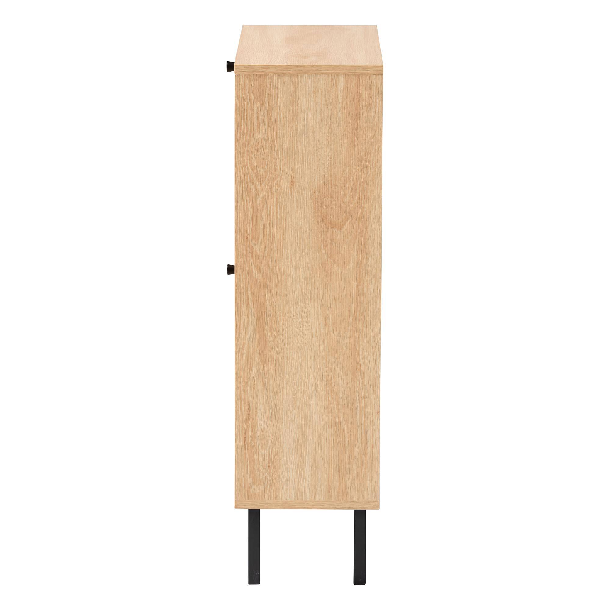 Back. Baxton Studio - Remus Wood Shoe Cabinet - 12-Pair Shoe Storage Organizer with 2 Flip Doors, Compact Hallway or Entryway Furniture - Light Oak/Black.