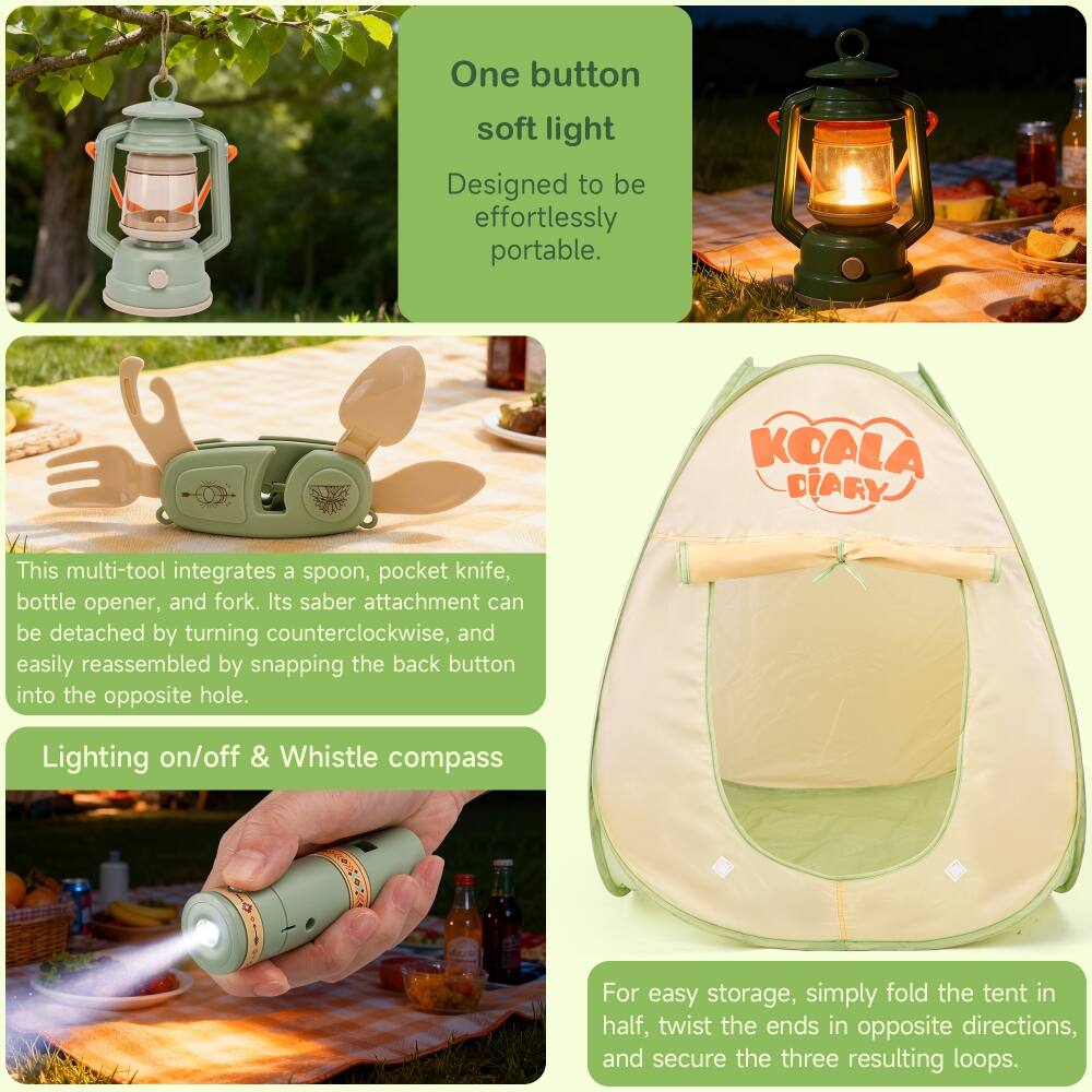 One button soft light  
Designed to be effortlessly portable.

This multi-tool integrates a spoon, pocket knife, bottle opener, and fork. Its saber attachment can be detached by turning counterclockwise, and easily reassembled by snapping the back button into the opposite hole.

Lighting on/off & Whistle compass

For easy storage, simply fold the tent in half, twist the ends in opposite directions, and secure the three resulting loops.