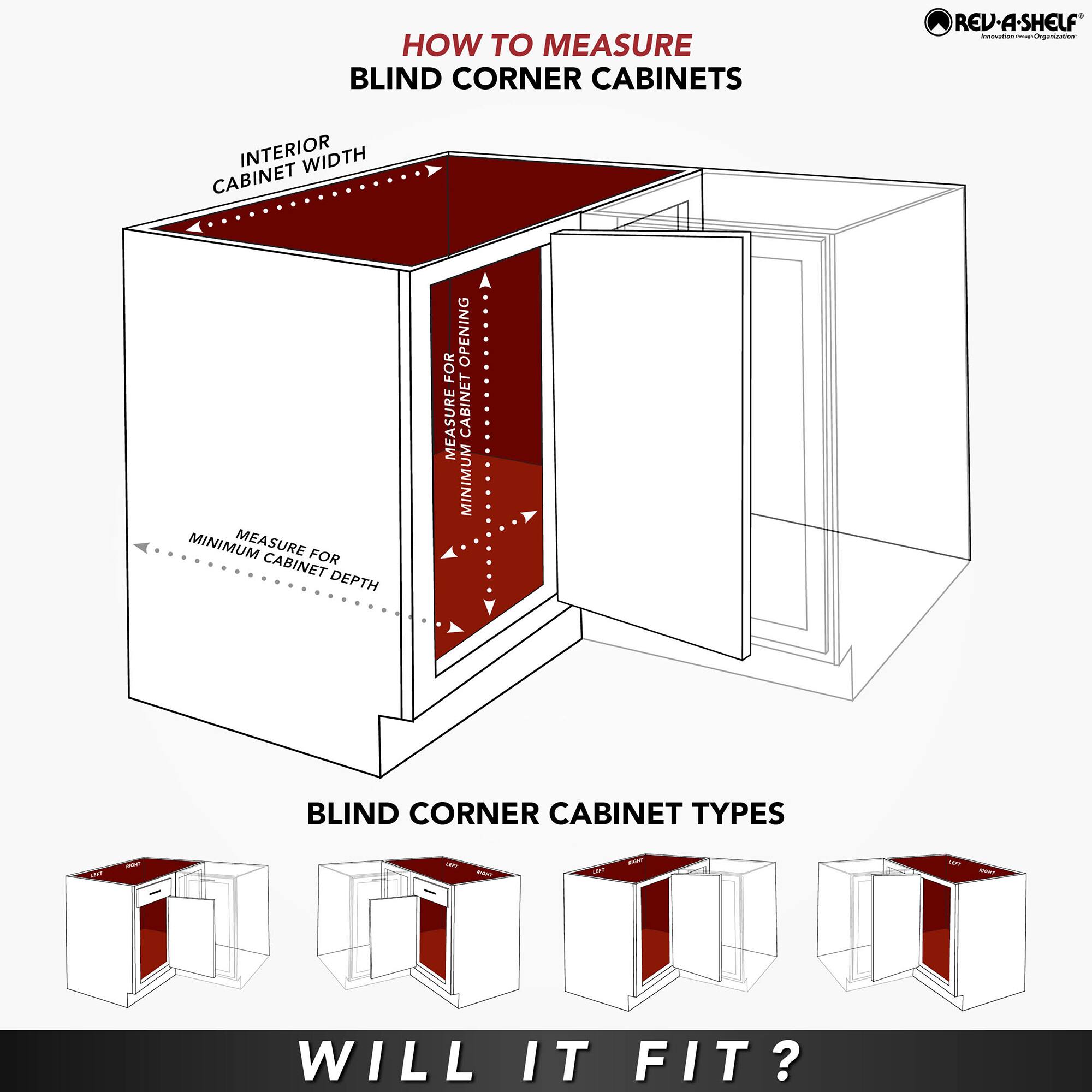 HOW TO MEASURE BLIND CORNER CABINETS

- INTERIOR CABINET WIDTH
- MEASURE FOR CABINET OPENING
- MINIMUM CABINET DEPTH

BLIND CORNER CABINET TYPES

WILL IT FIT?