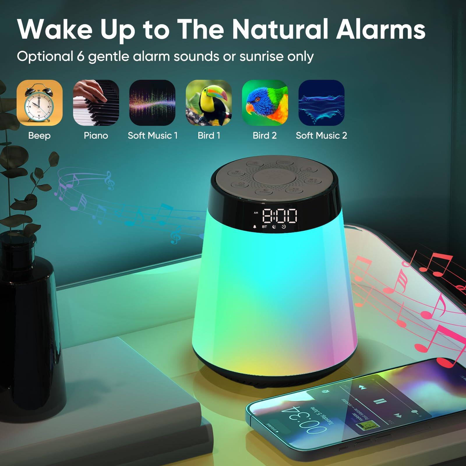 Wake Up to The Natural Alarms

Optional 6 gentle alarm sounds or sunrise only

- Beep
- Piano
- Soft Music 1
- Bird 1
- Bird 2
- Soft Music 2