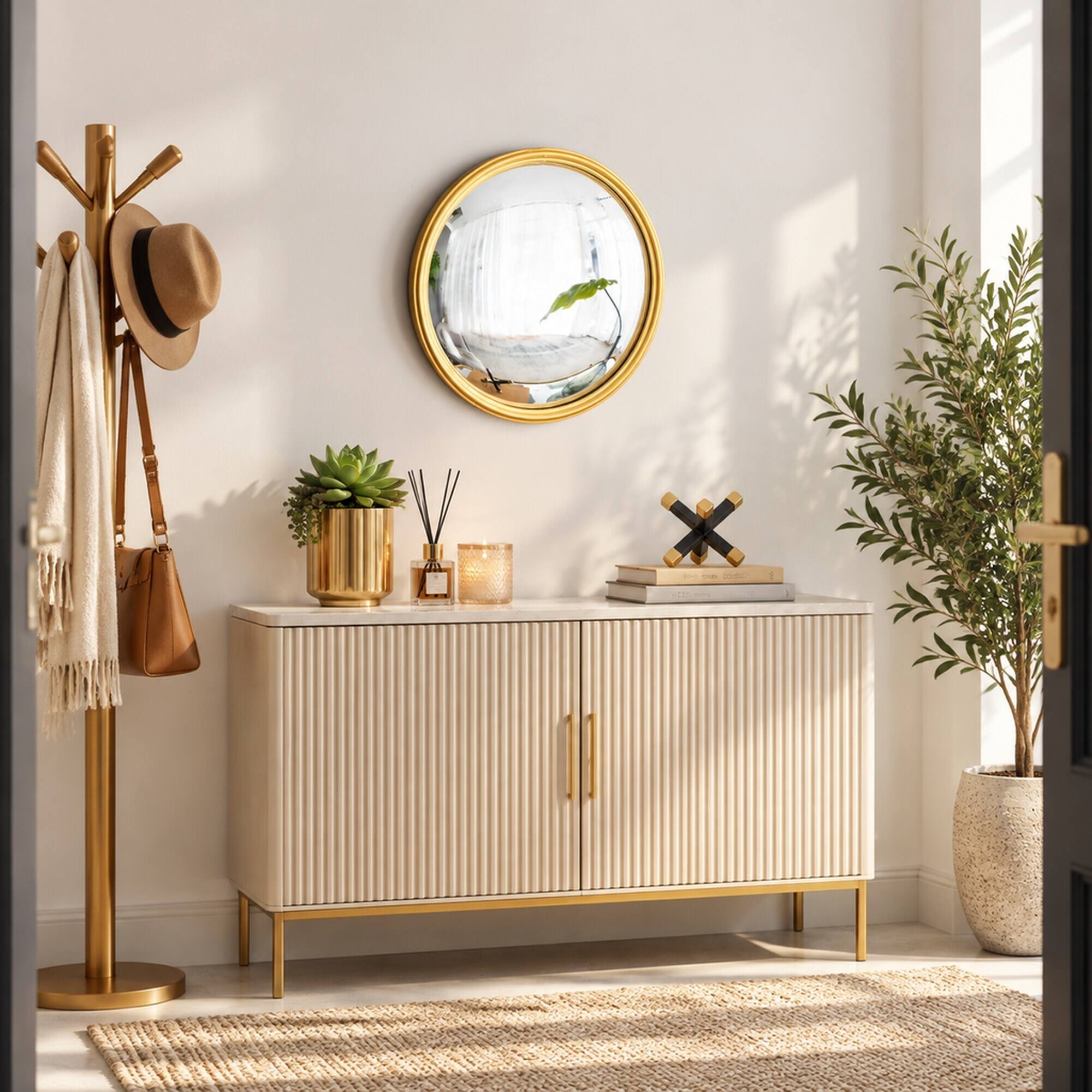 Left. RYHNUYNE - Gold Round Convex Wall Mirror, 10.4 in Iron Frame, Decorative Accent for Living Room, Bedroom, Vanity, Entryway - Gold.