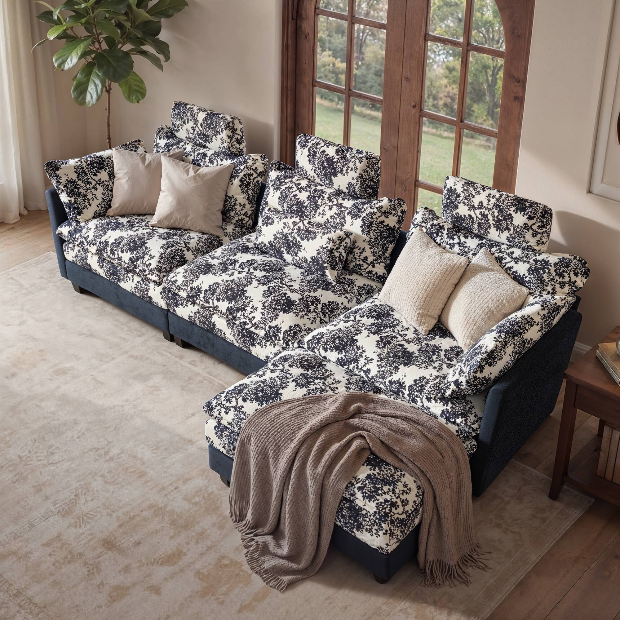 Alt View 10. Homsee - Vintage Floral Chenille Sectional Sofa, 4-Seater L-Shaped Couch with High Backrest, Spring Support & Plush Pillows - Dark Blue.