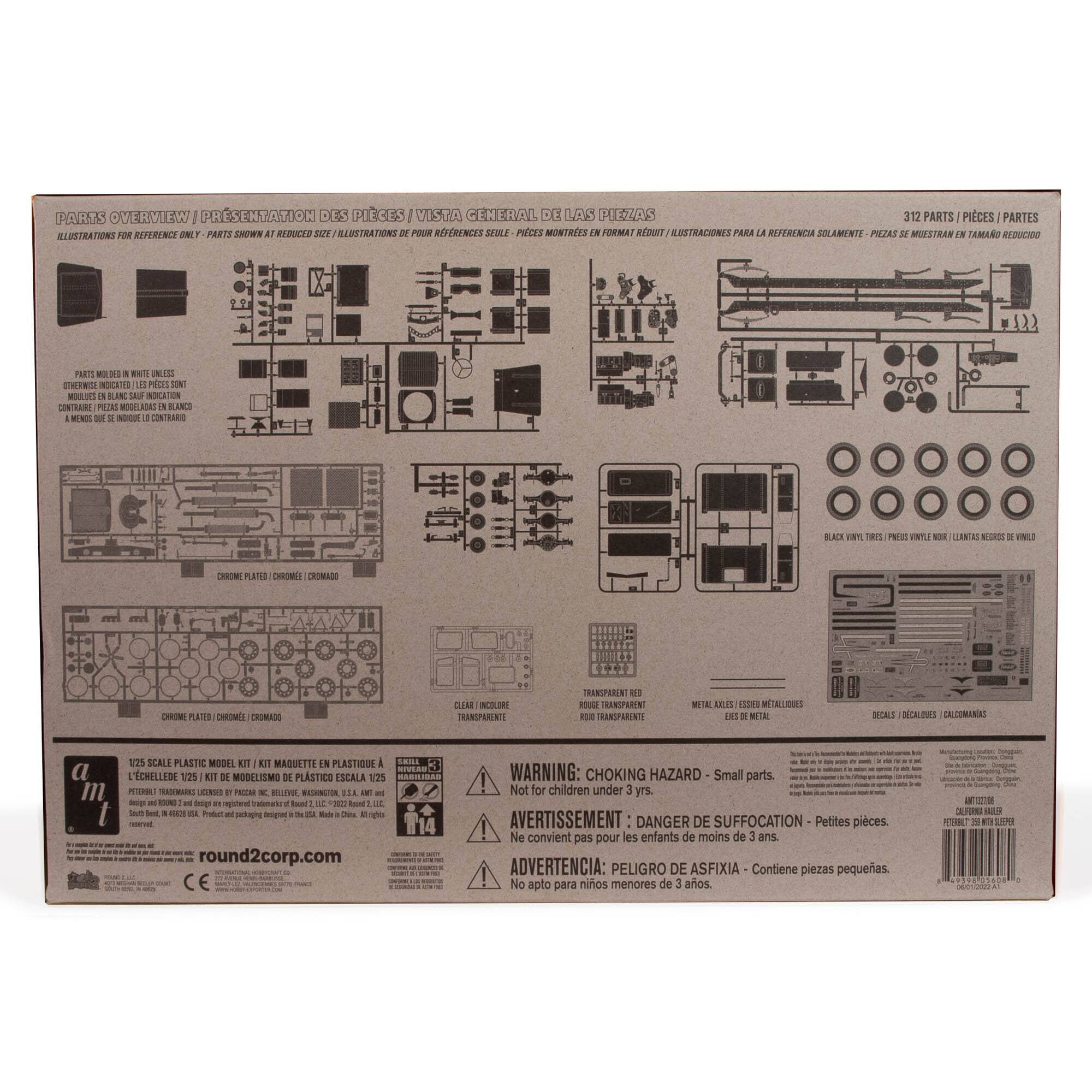 The image shows a box containing a model kit with a diagram of the parts and instructions. The box is labeled with a warning that the small parts are not suitable for children under the age of 3. The box also contains a diagram of the parts, which can be used for reference while assembling the model.