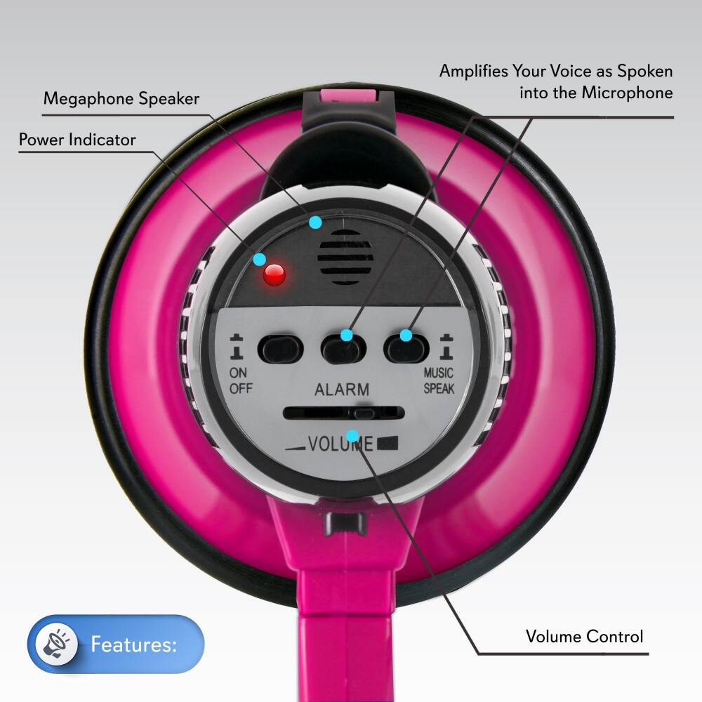 Megaphone Speaker  
Amplifies Your Voice as Spoken into the Microphone  

Power Indicator  
ON OFF  

ALARM  
MUSIC SPEAK  

VOLUME  

Features:  
Volume Control