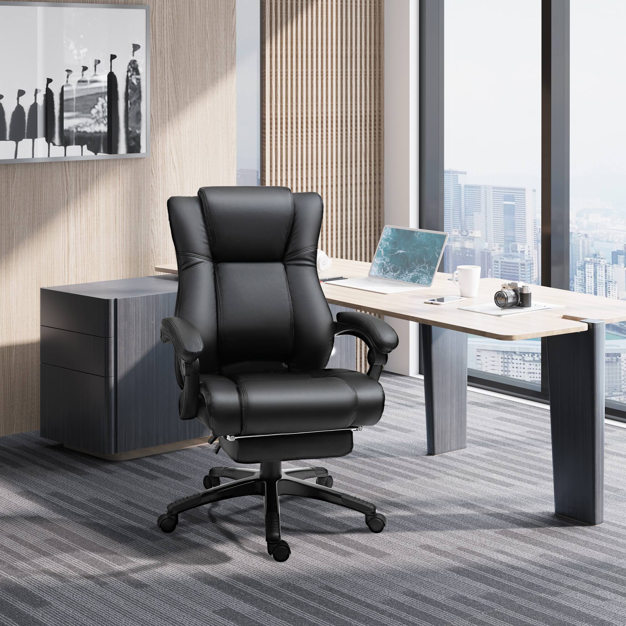 Alt View 1. Vinsetto - Executive High Back Office Chair Executive Computer Desk Chair with PU Leather, Adjustable Height and Footrest - Black.